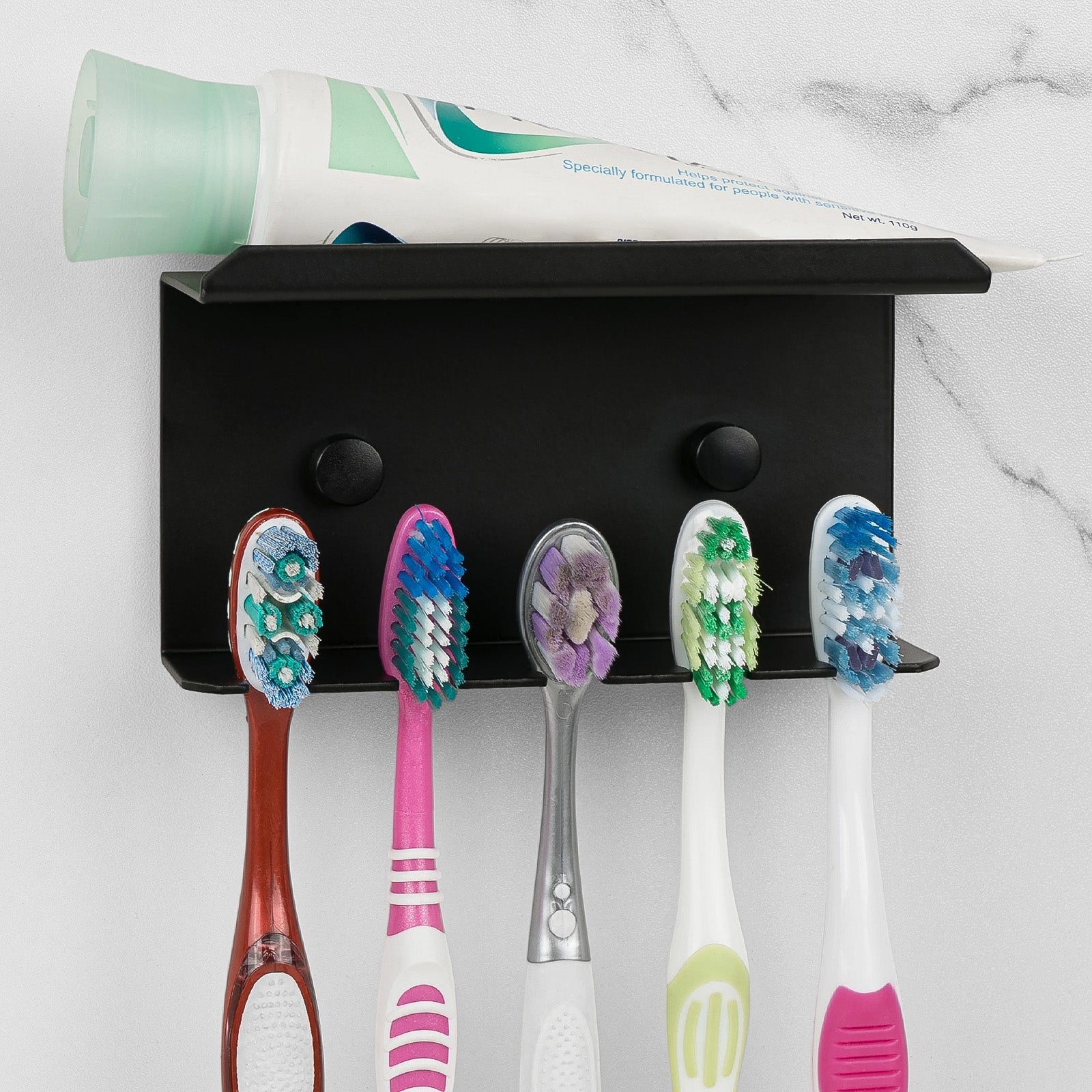 Linkidea Wall Mounted Toothbrush Holder for Shower, Self-Adhesive 5 Slots Brush and Toothpaste Organizer Hanger Compatible with Colgate Extra Clean, Oral-B CrossAction Toothbrush(Black)