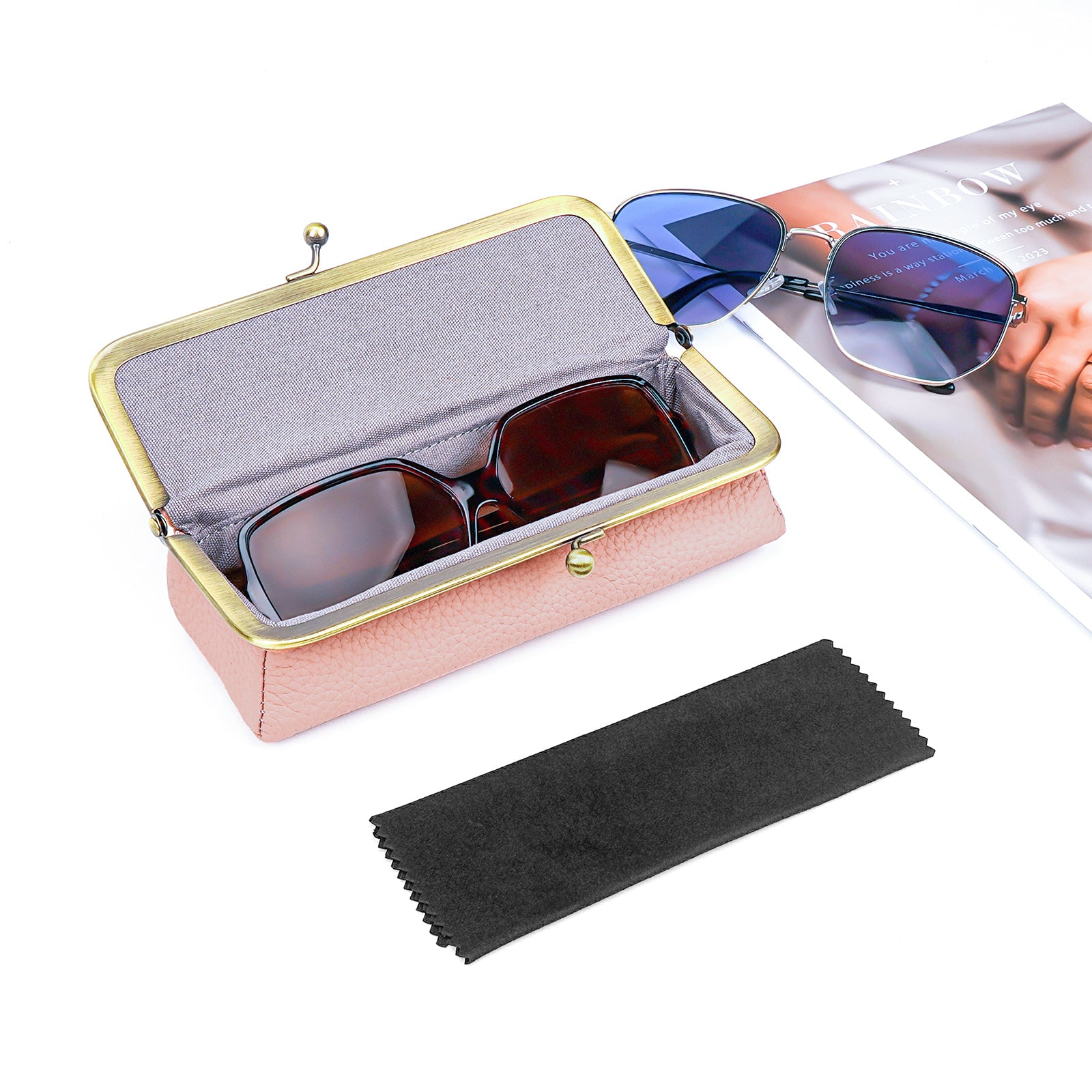 Extra Large Sunglasses Pouch Case, Pink Vegan Leather Shades Organizer Soft Bag Compatible with Rayban RBR0501S RB3549 RB4374 QUAY Versace VE4395