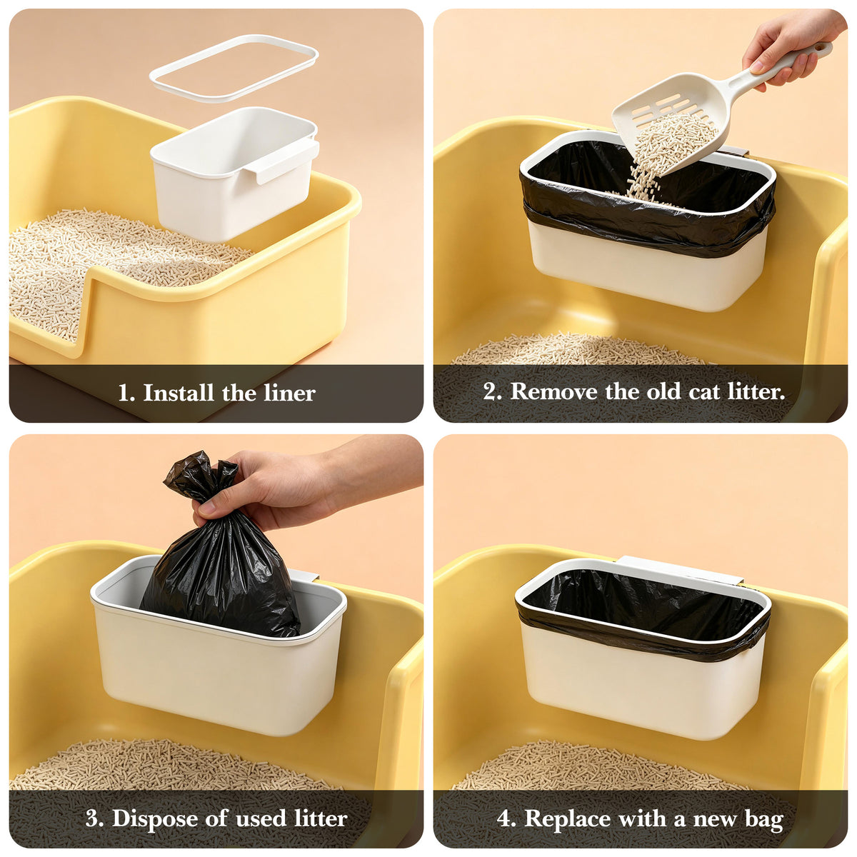 Cat Litter Waste Bin Kit with 100 Liners & Storage Hook, Hanging Disposal Container for Litter Box Sidewall, Space-Saving Scoop Station for Daily Cleanup