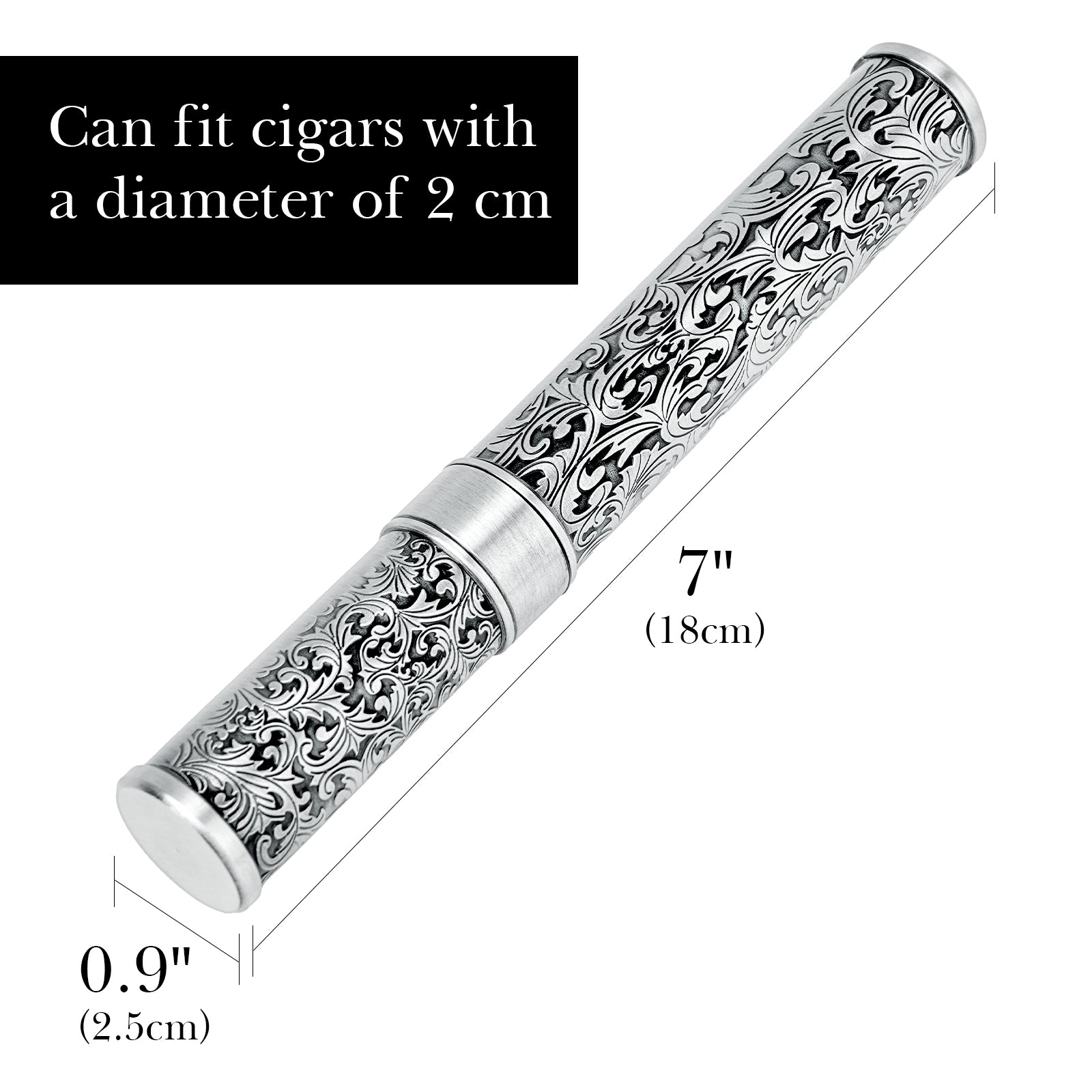Linkidea Zinc Alloy Vintage Stripe Pattern Cigar Holder Case, Men's Airtight Single Tube, Portable Travel Cigar Case Compatible with 50 Ring Gauge Cigars (Silver)