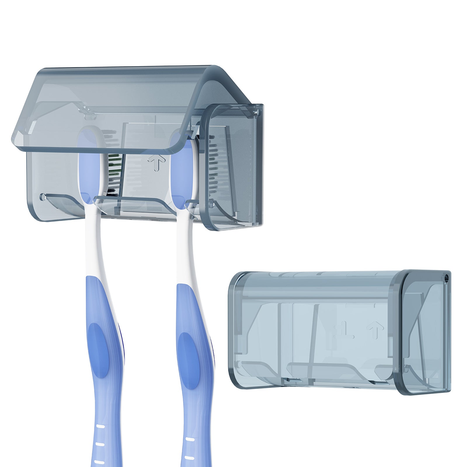 Linkidea 2 Pack Wall Mount Toothbrush Holder with Cover for Bathroom, Shower, Self Adhesive Wallmount 2 Slots Tooth Brush Hanger (Grey)