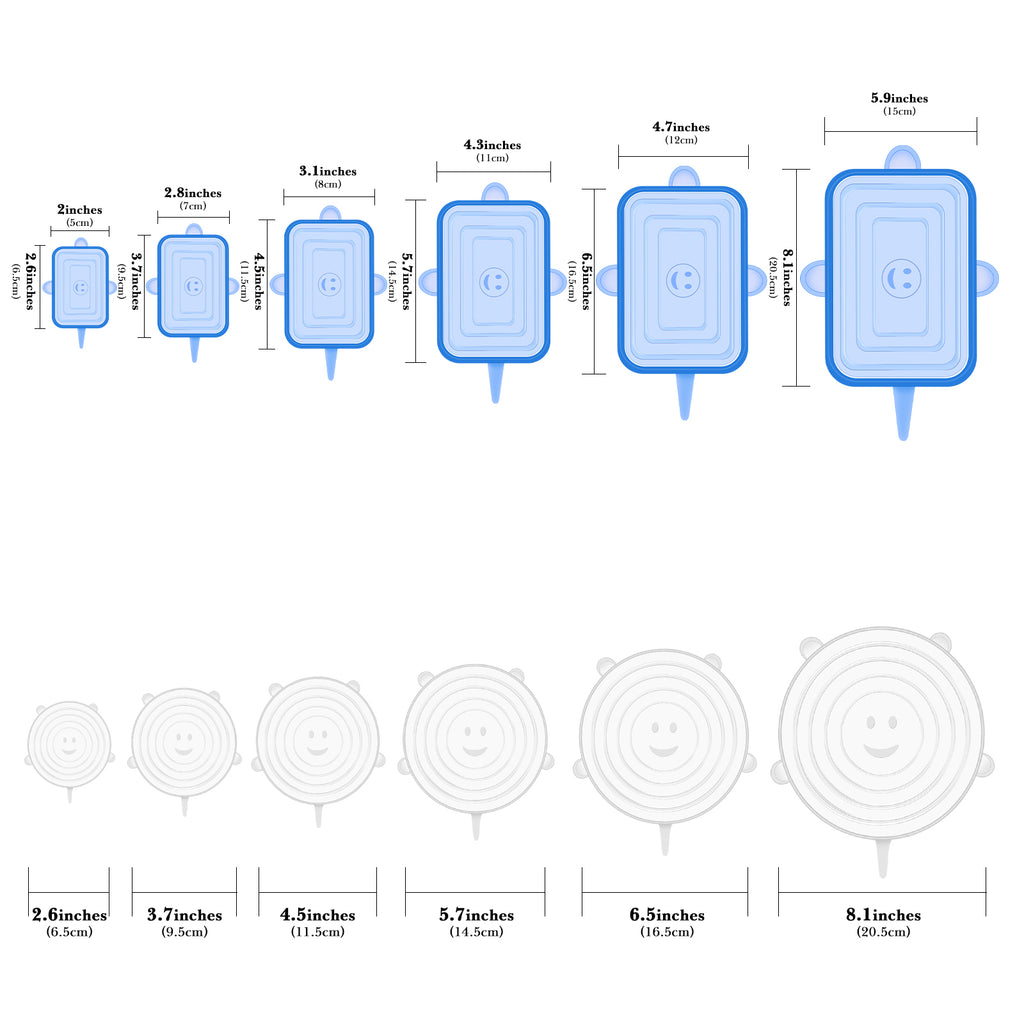 Linkidea 12 Pcs Silicone Stretch Lids, Flexible Round & Rectangle Fit 2.6\" - 8.1\", Stretchy Silicone Lids for Food Storage, Different Sizes Reusable Silicone Bowl Covers (Blue & White)