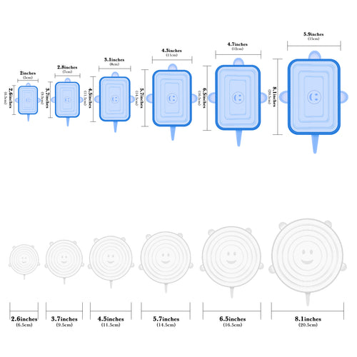 Linkidea 12 Pcs Silicone Stretch Lids, Flexible Round & Rectangle Fit 2.6\" - 8.1\", Stretchy Silicone Lids for Food Storage, Different Sizes Reusable Silicone Bowl Covers (Blue & White)