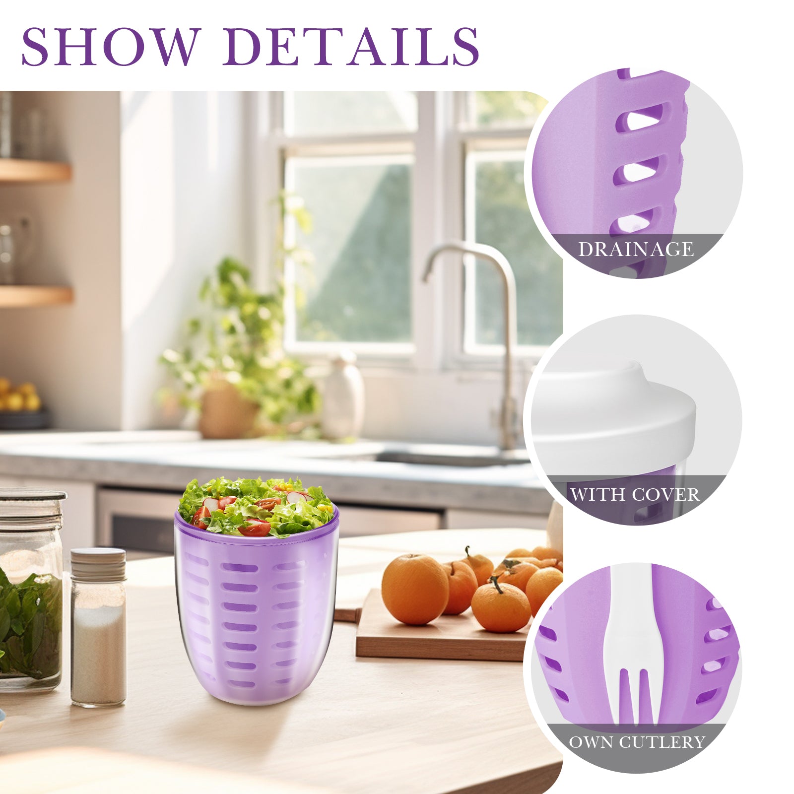 Linkidea Fruit Salad Travel Container With Colander, 21 oz Leak-Proof Plastic Salad Lunch Storage Container with Spoons and Lids, Fruit, Vegetable Portable Cup for Work, Picnic (Purple)