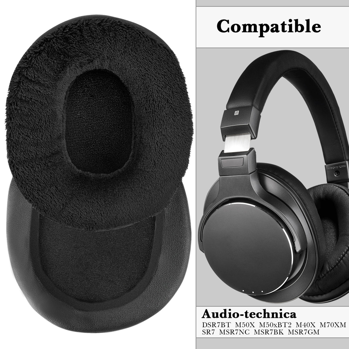 Linkidea Hybrid Velour Replacement Ear Pads for Audio-Technica ATH-M50X, M50XBT2, M40X, M70X and MSR7, Extra Thick Memory Foam Ear Cushions, Black