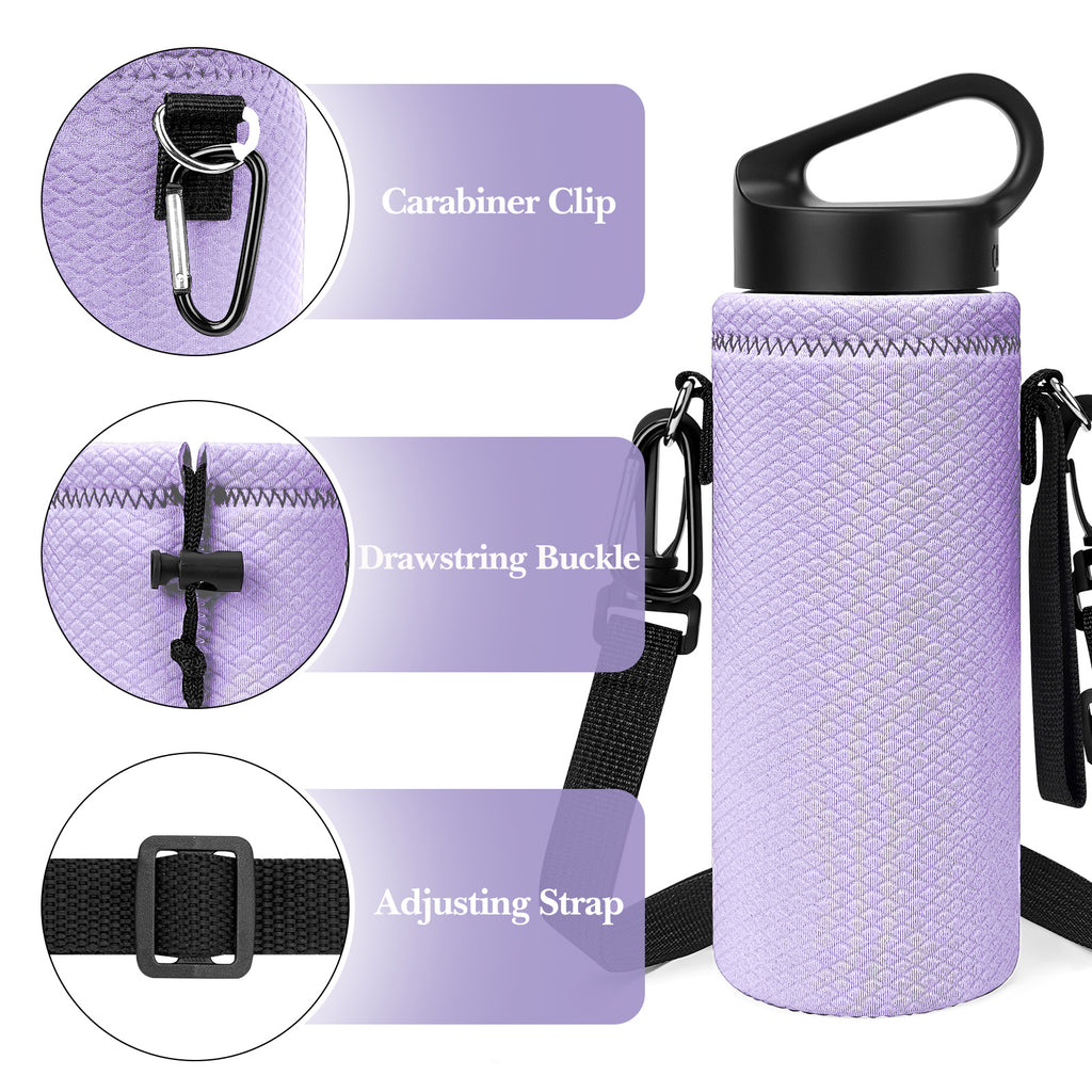 Linkidea Water Bottle Carrier with Shoulder Strap Compatible with Hydroflask Standard Mouth 18oz, CamelBak Carry Cap 20oz,Waterbottle Sling Bag Holder (Light Purple)