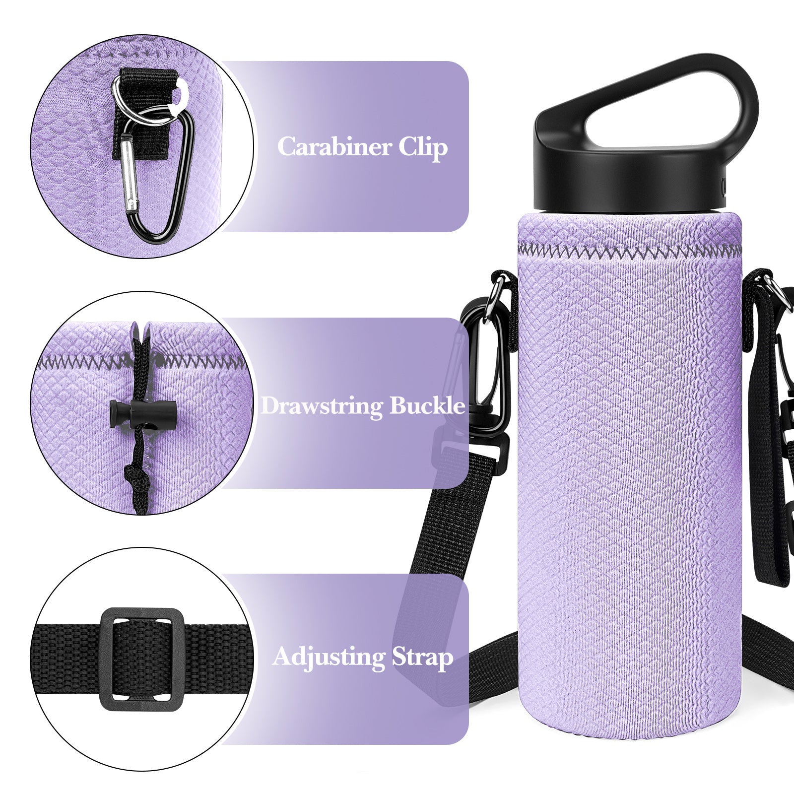 Linkidea Water Bottle Carrier with Shoulder Strap Compatible with Hydroflask Standard Mouth 18oz, CamelBak Carry Cap 20oz,Waterbottle Sling Bag Holder (Light Purple)