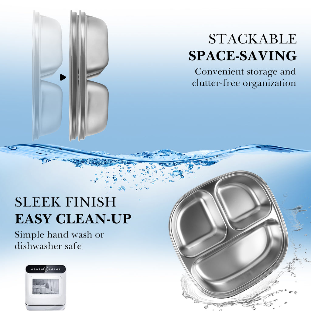 Linkidea 2 Pcs Stainless Steel Portion Control Plate, 3 Compartments Divided Plate with Lid, Durable Meal Prep Pan for Adults Suitable for Diet Food Control, Camping Use