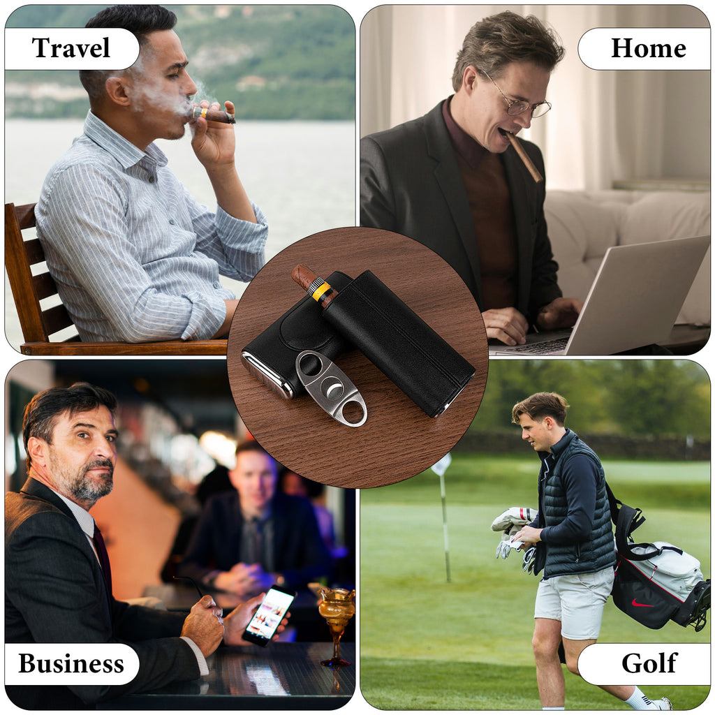 Linkidea Travel Cigar Humidor Case, Luxury Vegan Leather Portable Cigar Holder with Cedar Wood Lining, Holds 3 Cigars, Stainless Steel Cutter, Gift for Men & Business Travel (Black)