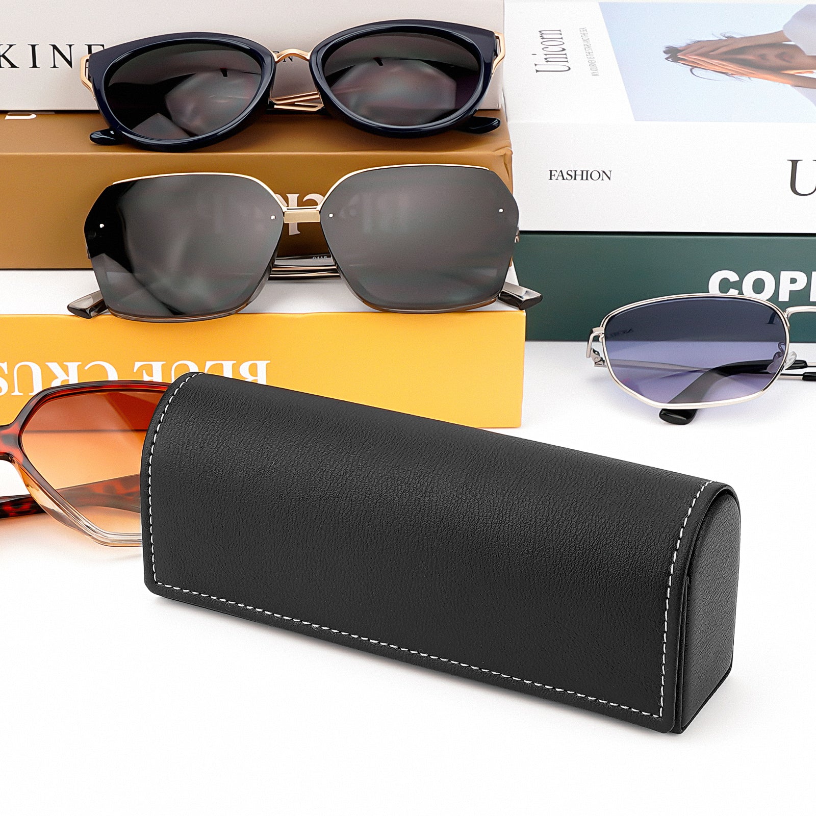 Extra Large Hard Shell Sunglasses Case, Black Vegan Leather Sun Glasses Storage Bag Pouch Organizer Compatible with Persol PO3357S PO3235S PO3366S RayBan RB3647N RB2197