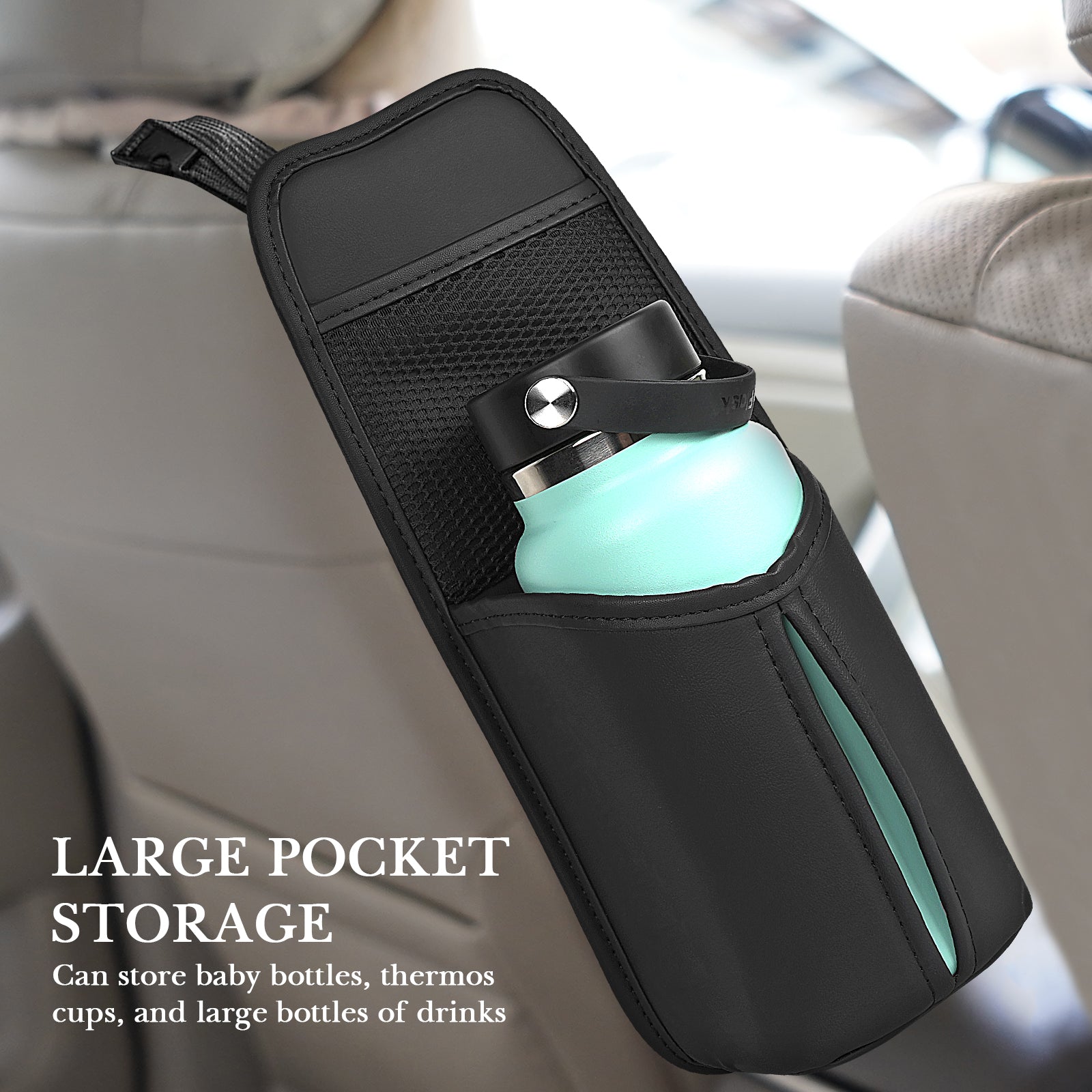 Linkidea Car Seat Side Water Bottle Organizer Compatible with YETI Rambler Bottle 26oz/36oz, Owala FreeSip 32oz/40oz, Vehicle Seat Side Storage Hanging Bag Holder for Large Bottles, Black