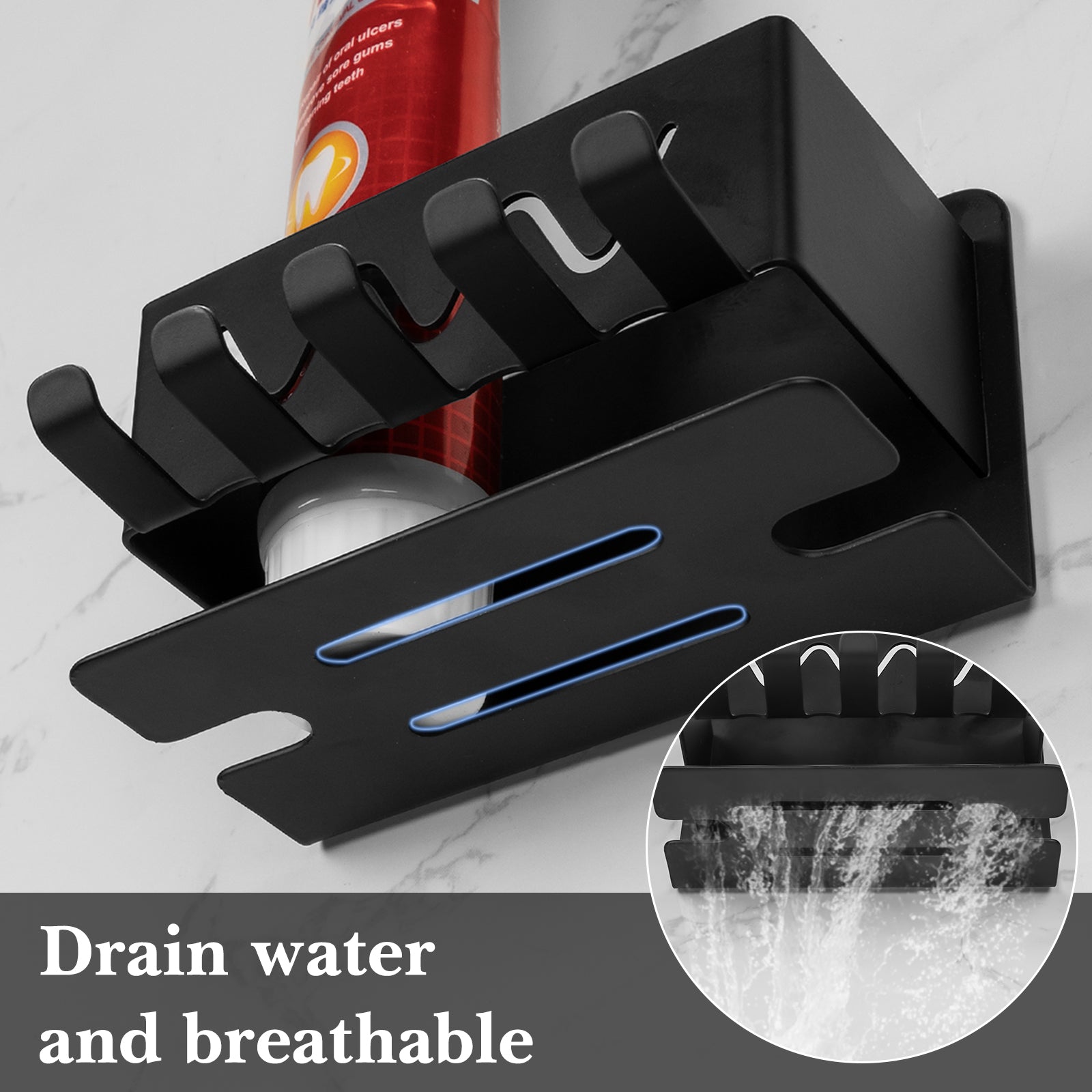 Linkidea Wall Mounted Toothbrush Holder for Shower, Stainless Steel 4 Slot Tooth Brush and Toothpaste Hanger, Self-Adhesive Organizer Compatible with Colgate Extra Clean, Oral-B CrossAction(Black)