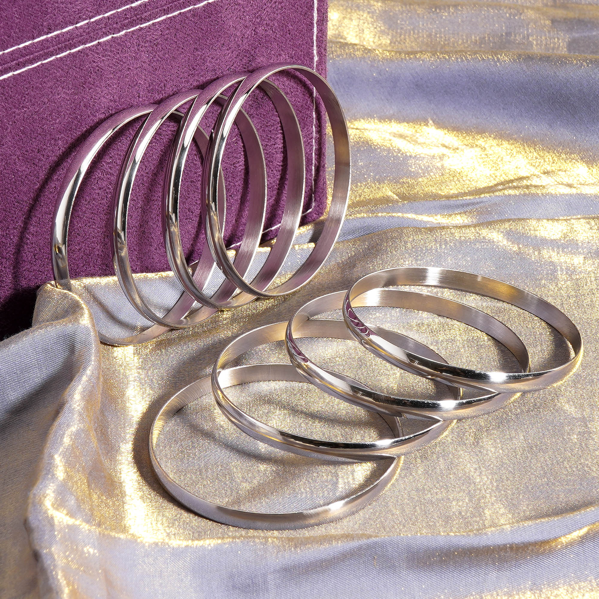 65 mm (2.56") Bangle Set of 8 for Women, 6 mm Wide Silver-Tone Stainless Steel Stackable Bracelets - Fits Palm Width up to ~90 mm