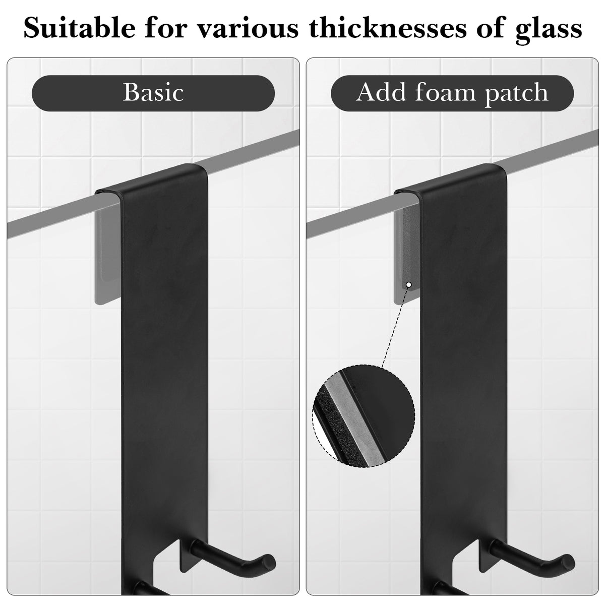 Linkidea 2 Pack Over Door Hook, 7" Stainless Steel Extend Hook for Shower, Bathroom Hanger with Non-Slip Sponge Pad for Frameless Glass Doors (Black)