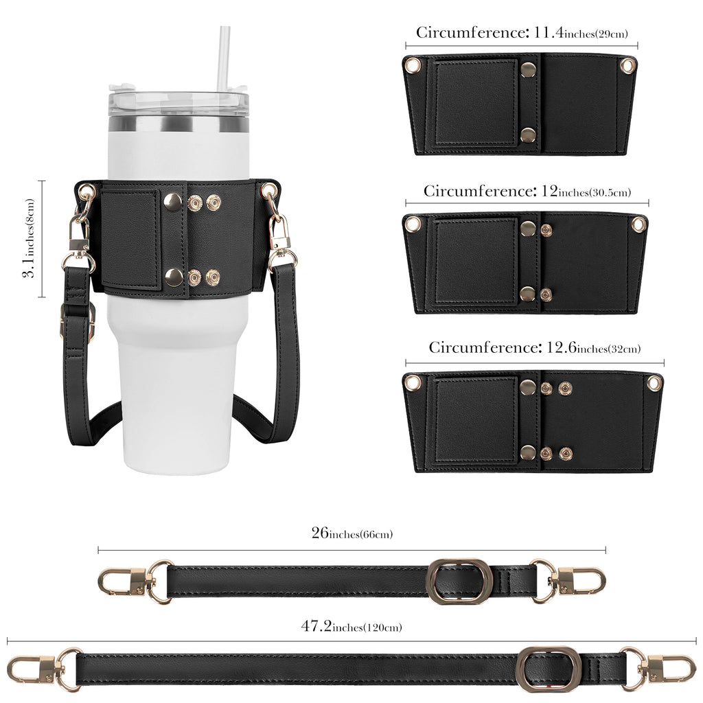 Linkidea Water Bottle Holder with Strap Compatible with Stanley Quencher H2.0 30oz/40oz, Simple Modern 40oz Tumbler, Vegan Leather Waterbottle Bag Holder, Shoulder Strap with Keyring, Black