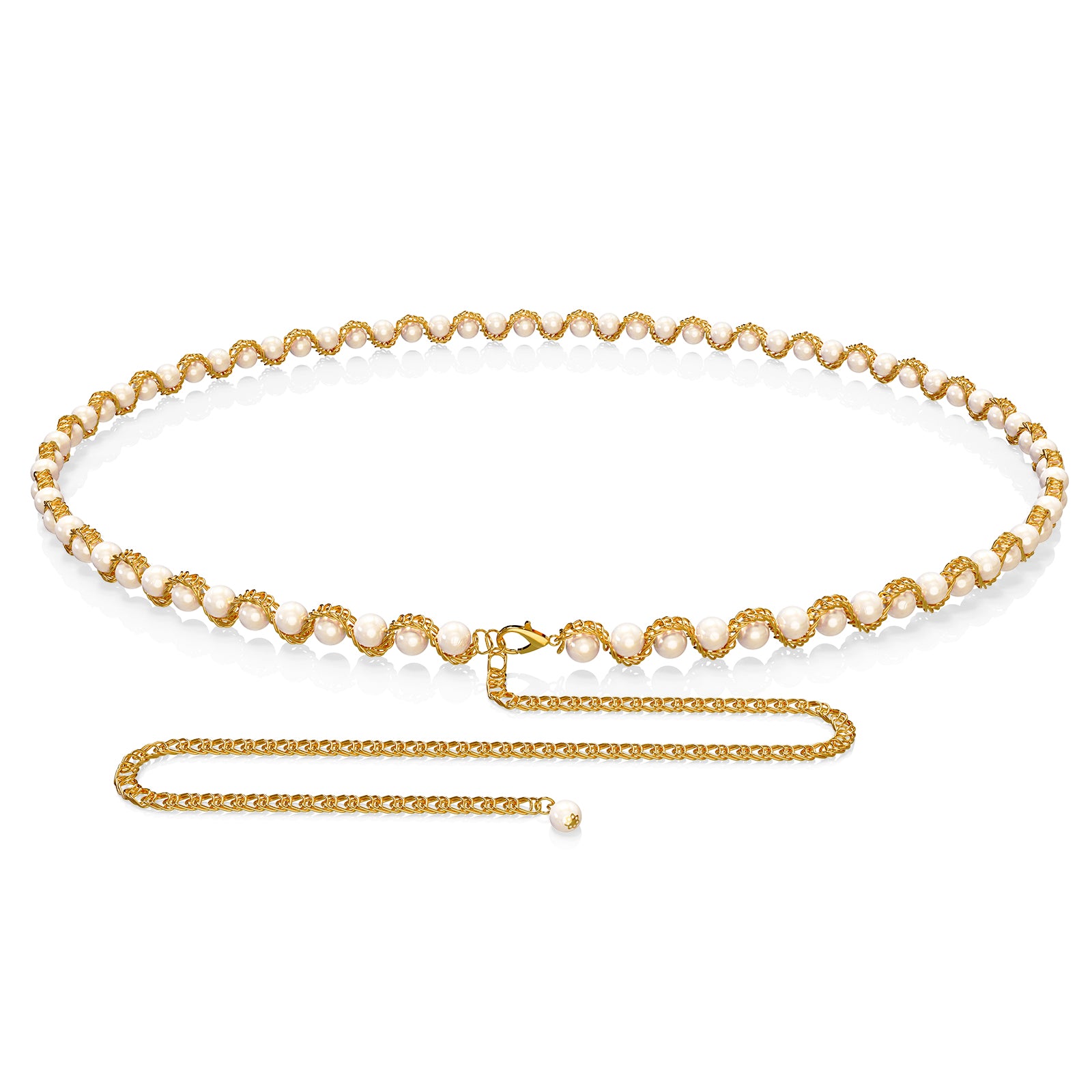 Plus Size Chain Belt for Women, Gold Color and Black Faux Pearl Waist Chains, Extra Long Body Chain, 59-78 Inch Adjustable Chunky Belt Chain (XXXL, White)