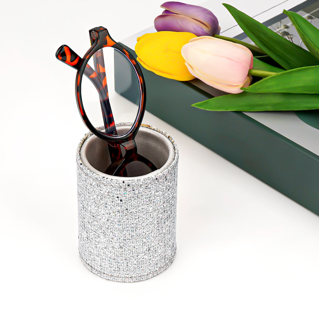 Reading Glasses Desk Holder Stand, Vegan Leather Lined Eyewear Display Storage for Nightstand Office Organizer (Small, Silver)