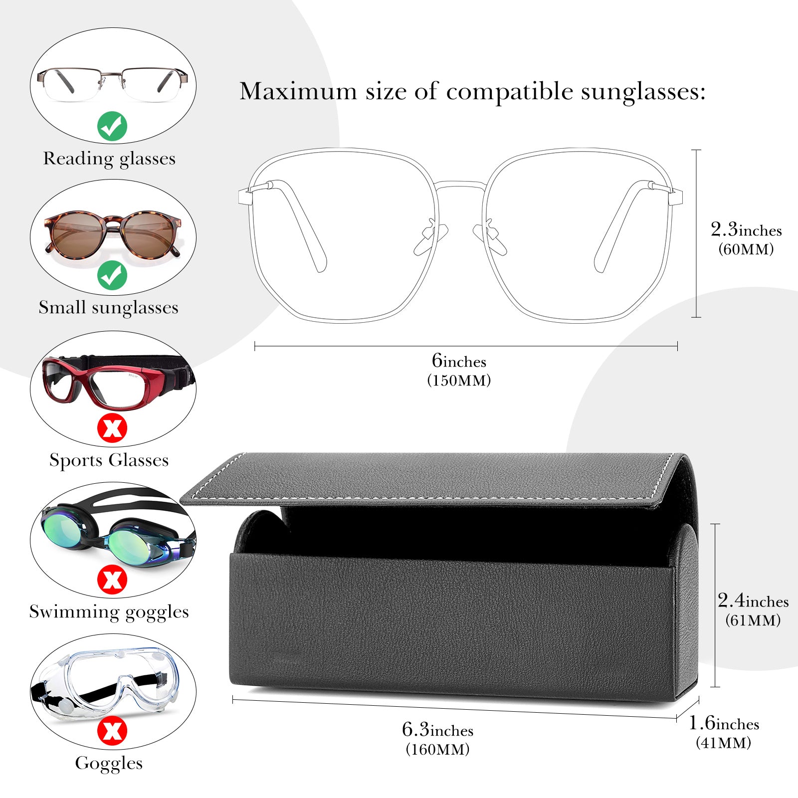 Extra Large Hard Shell Sunglasses Case, Black Vegan Leather Sun Glasses Storage Bag Pouch Organizer Compatible with Persol PO3357S PO3235S PO3366S RayBan RB3647N RB2197