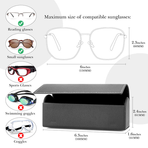 Extra Large Hard Shell Sunglasses Case, Black Vegan Leather Sun Glasses Storage Bag Pouch Organizer Compatible with Persol PO3357S PO3235S PO3366S RayBan RB3647N RB2197