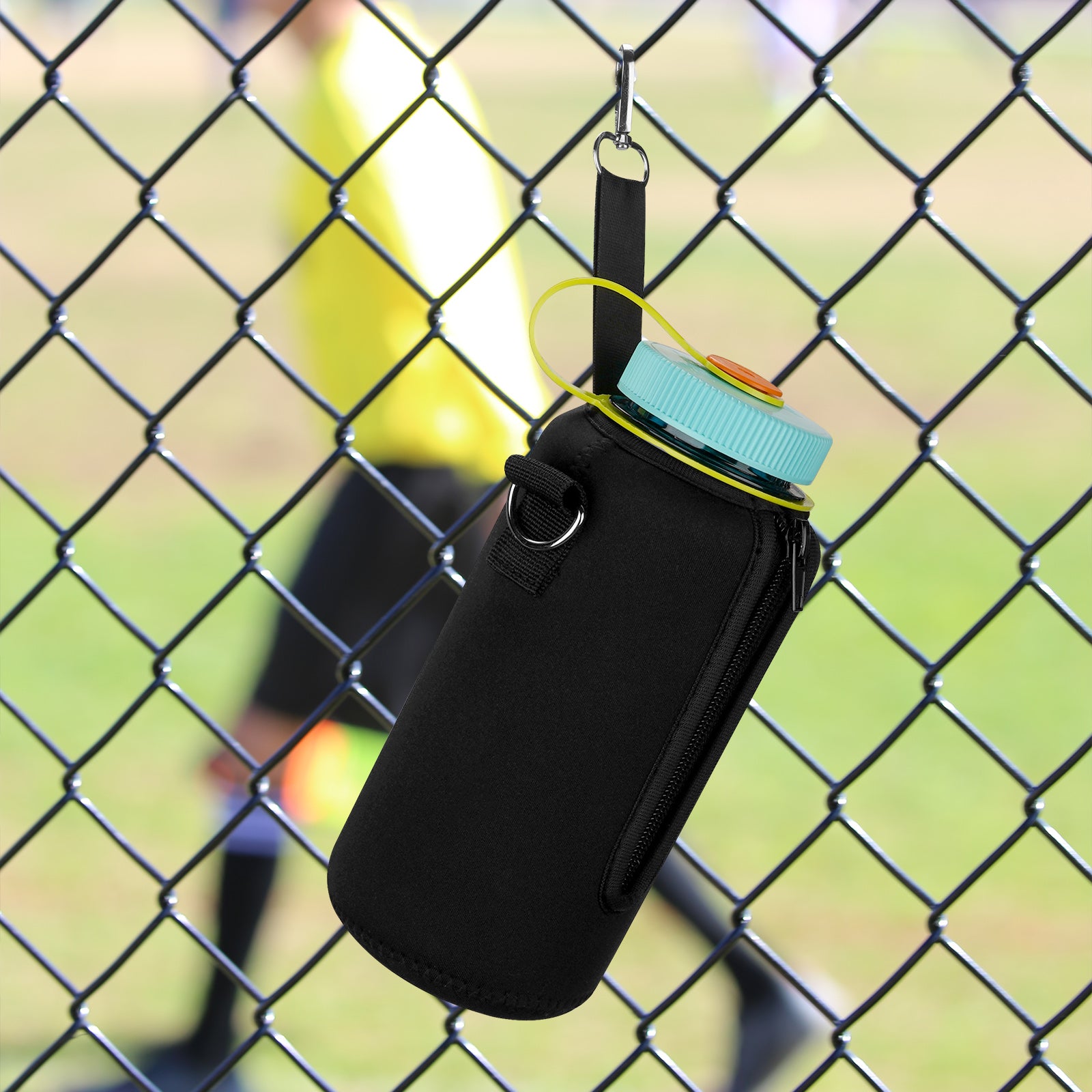 Linkidea Water Bottle Carrier with Strap Compatible with Nalgene Sustain Wide Mouth 32oz, Neoprene Waterbottle Sling Bag Holder with Clip for Backpack Fence, Black