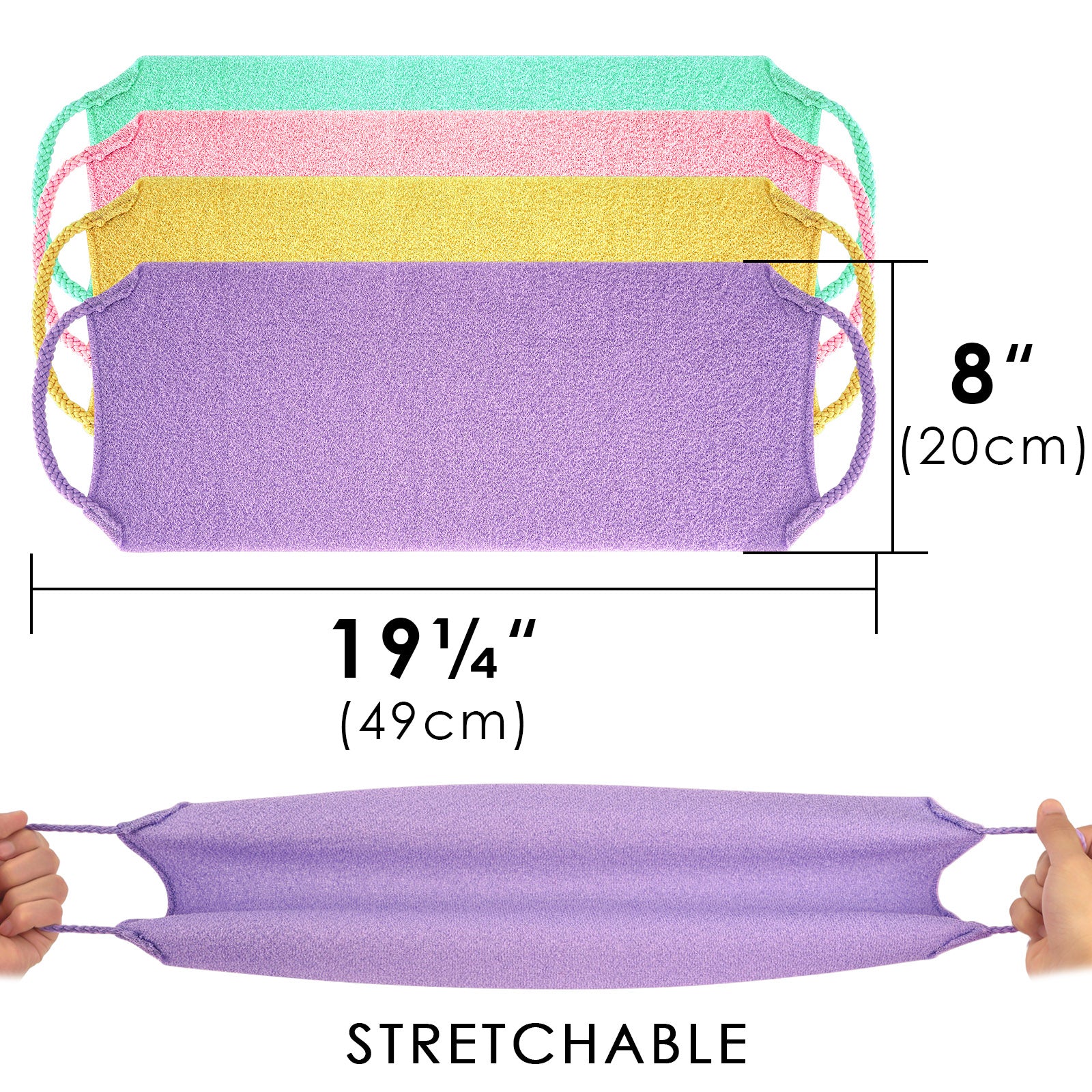 Linkidea 8 Pack Stretchable Pull Strap Exfoliating Towel Bulk Pack, Wholesale Multi-Pack Exfoliating Back Scrubber with Handles, Scrub Bath Washcloths, Deep Cleans Skin for Body Shower