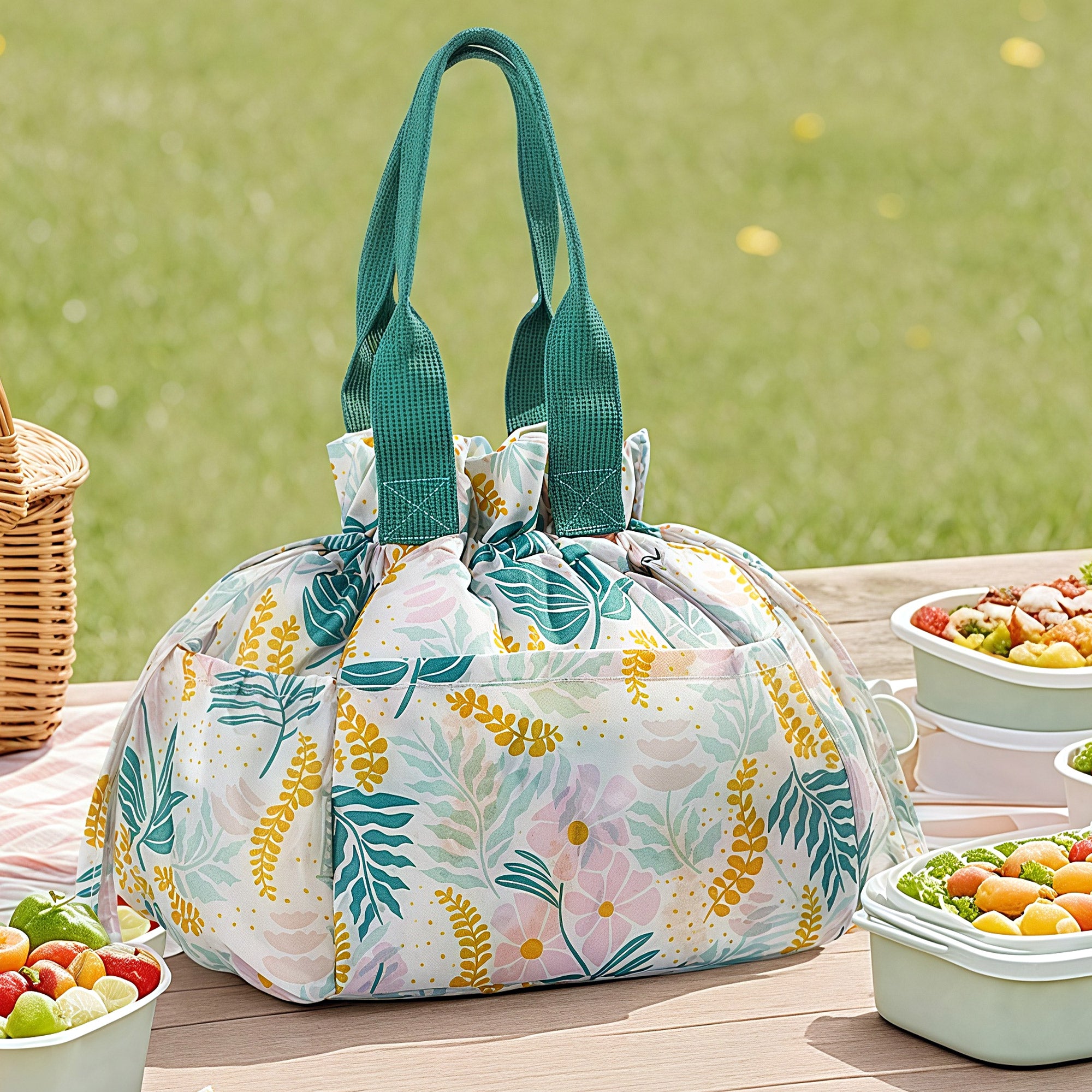Linkidea Lunch Tote Drawstring Bag, Large Capacity Lunch Bag with Hand Strap, Lunch Box Organizer for Everyday Outings, Insulated Lunch Bag Fits Box and Food Jar Storage