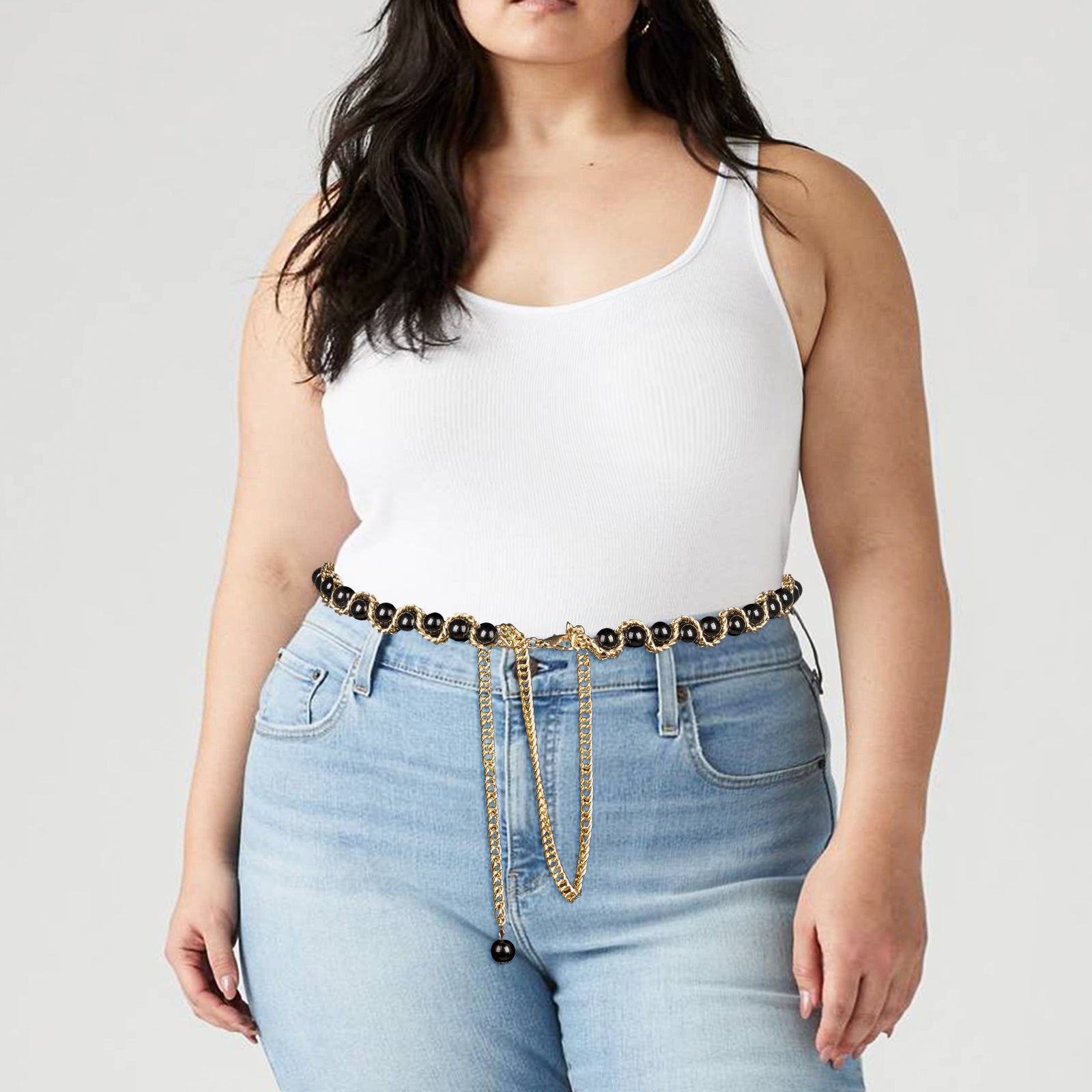 Plus Size Chain Belt for Women, Gold Color and Black Faux Pearl Waist Chains, Extra Long Body Chain, 31-51 Inch Adjustable Chunky Belt Chain