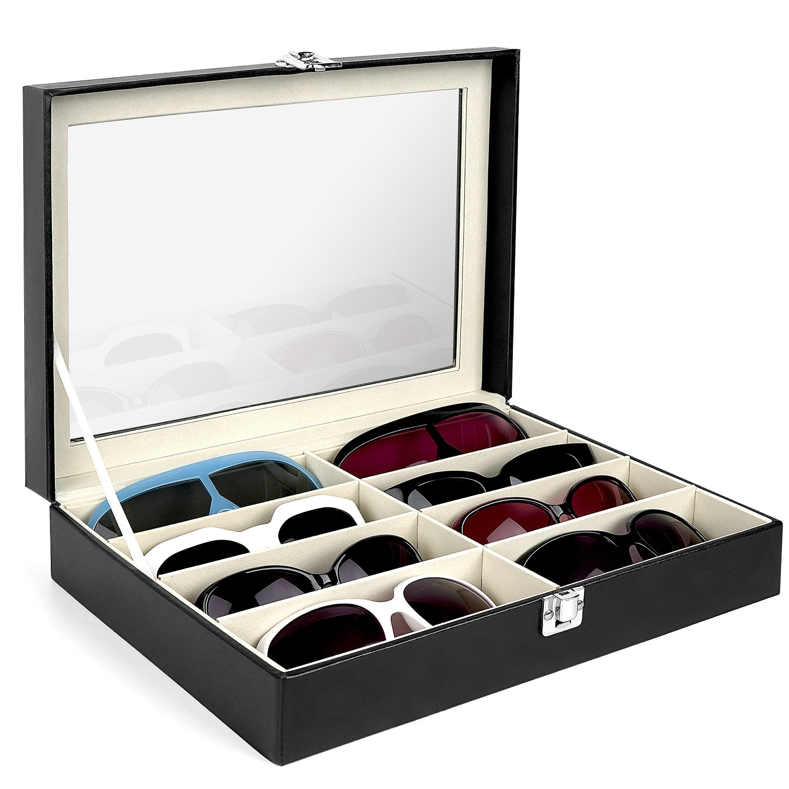 Sunglass Organizer for Extra Large Sunglasses, 8 Slot Glass Top Lidded Sunglass Storage Box, Eyewear Collector Display Case Compatible with Gucci GG0876S GG0875S