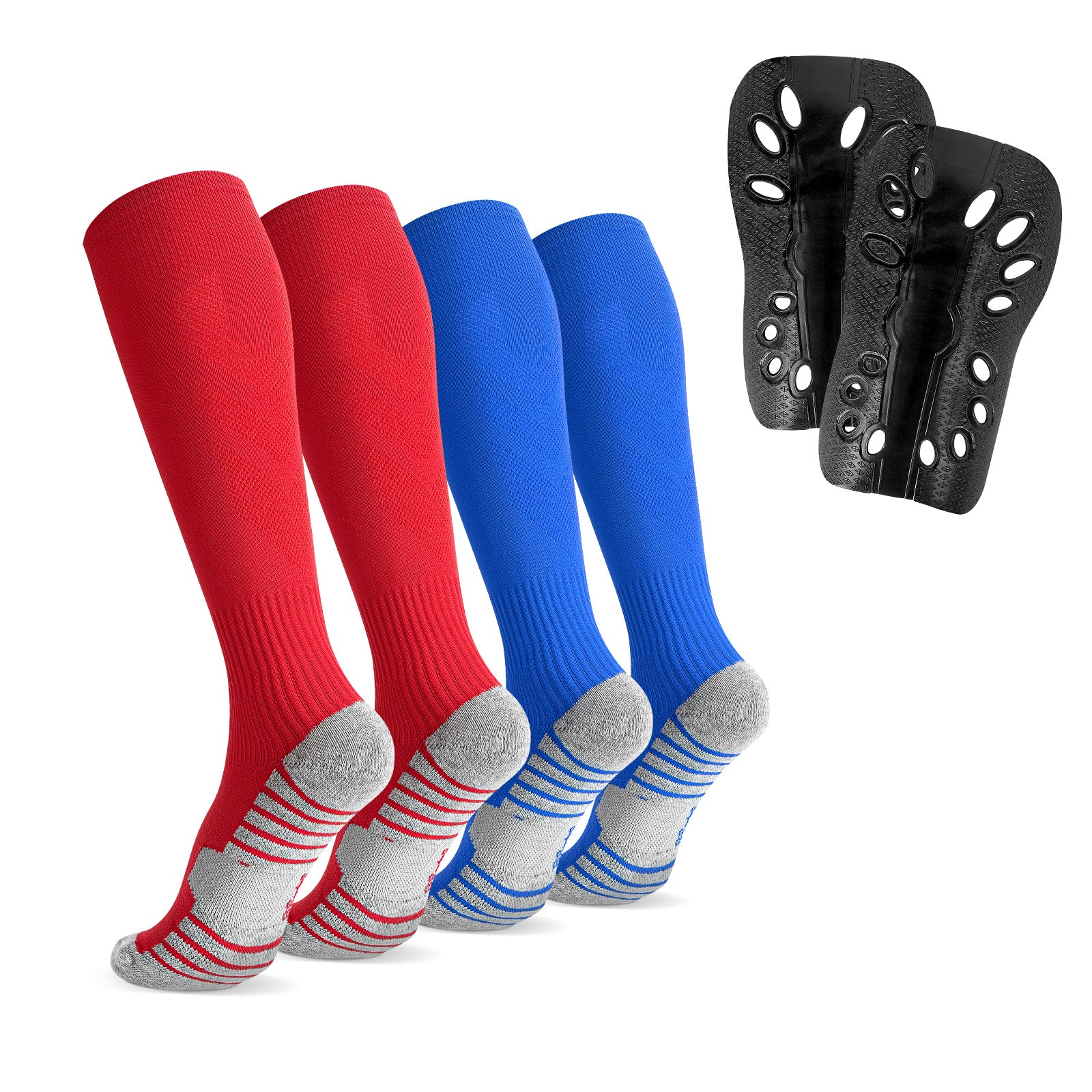Linkidea Kids Soccer Socks with Shin Guards, 2 Pairs Breathable Knee High Socks with Lightweight Shin Pads, Long Sleeve Cushion Socks for Child 4-6 Years Over Calf Soccer Socks (Red&Blue, S)