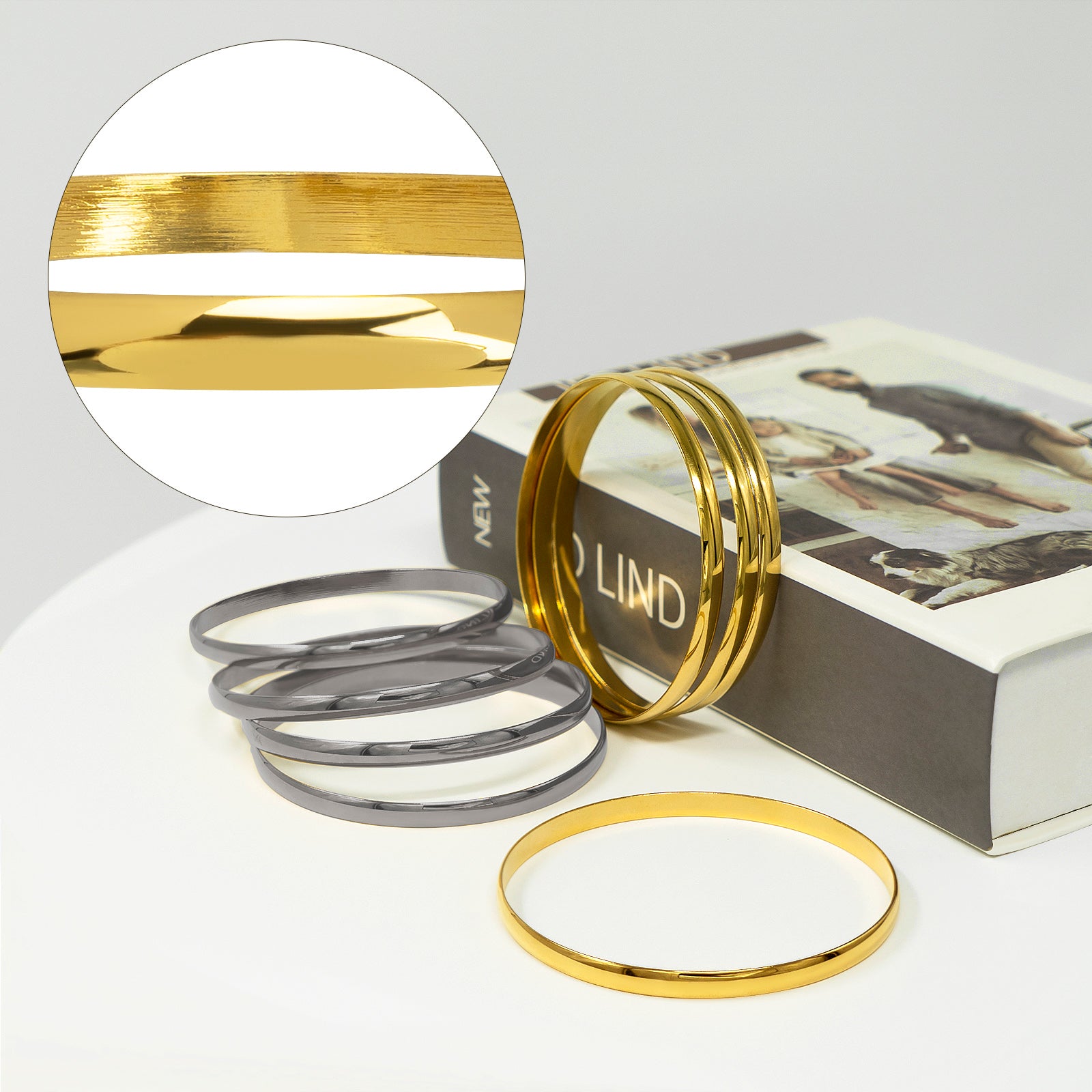 70 mm (2.76") Bangle Set for Women, 6 mm Wide Gold & Silver -Tone Stainless Steel Stackable Bracelets - Fits Palm Width up to ~100 mm