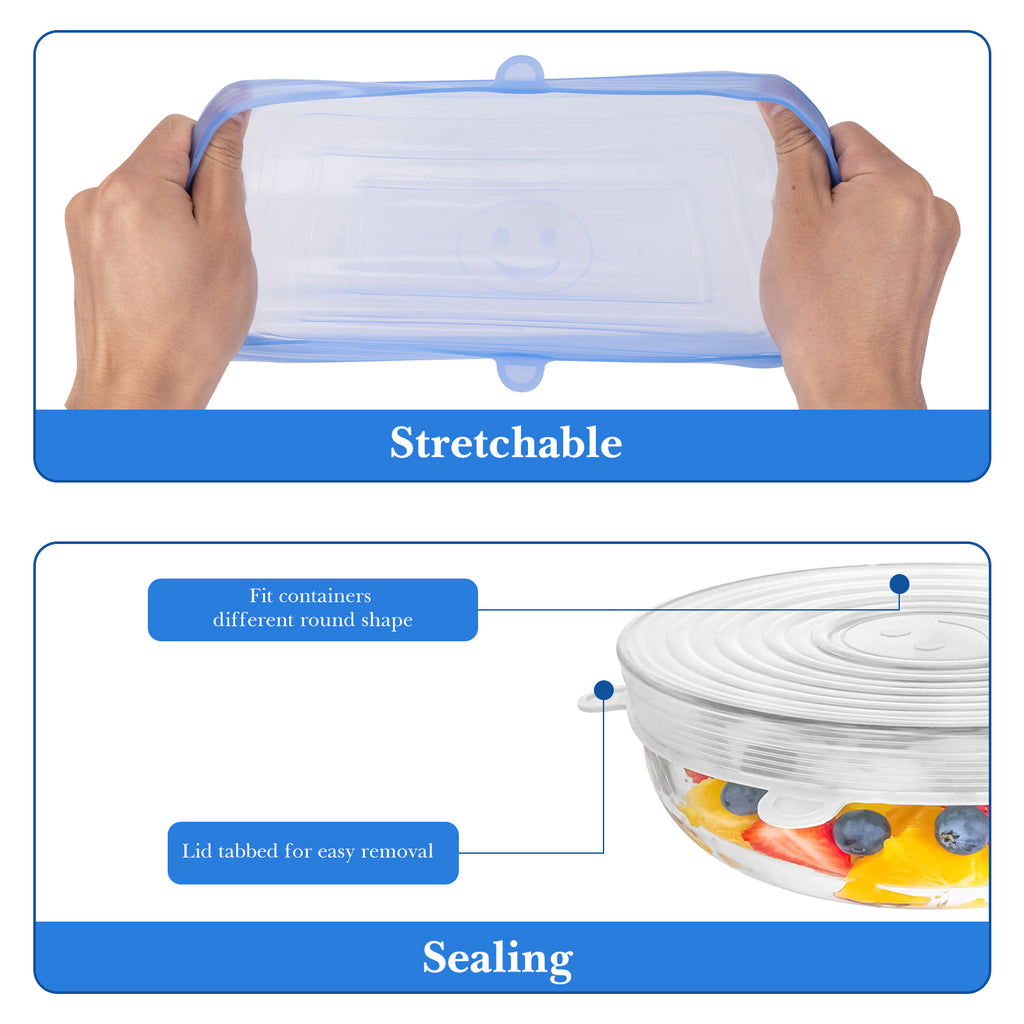 Linkidea 12 Pcs Silicone Stretch Lids, Flexible Round & Rectangle Fit 2.6\" - 8.1\", Stretchy Silicone Lids for Food Storage, Different Sizes Reusable Silicone Bowl Covers (Blue & White)