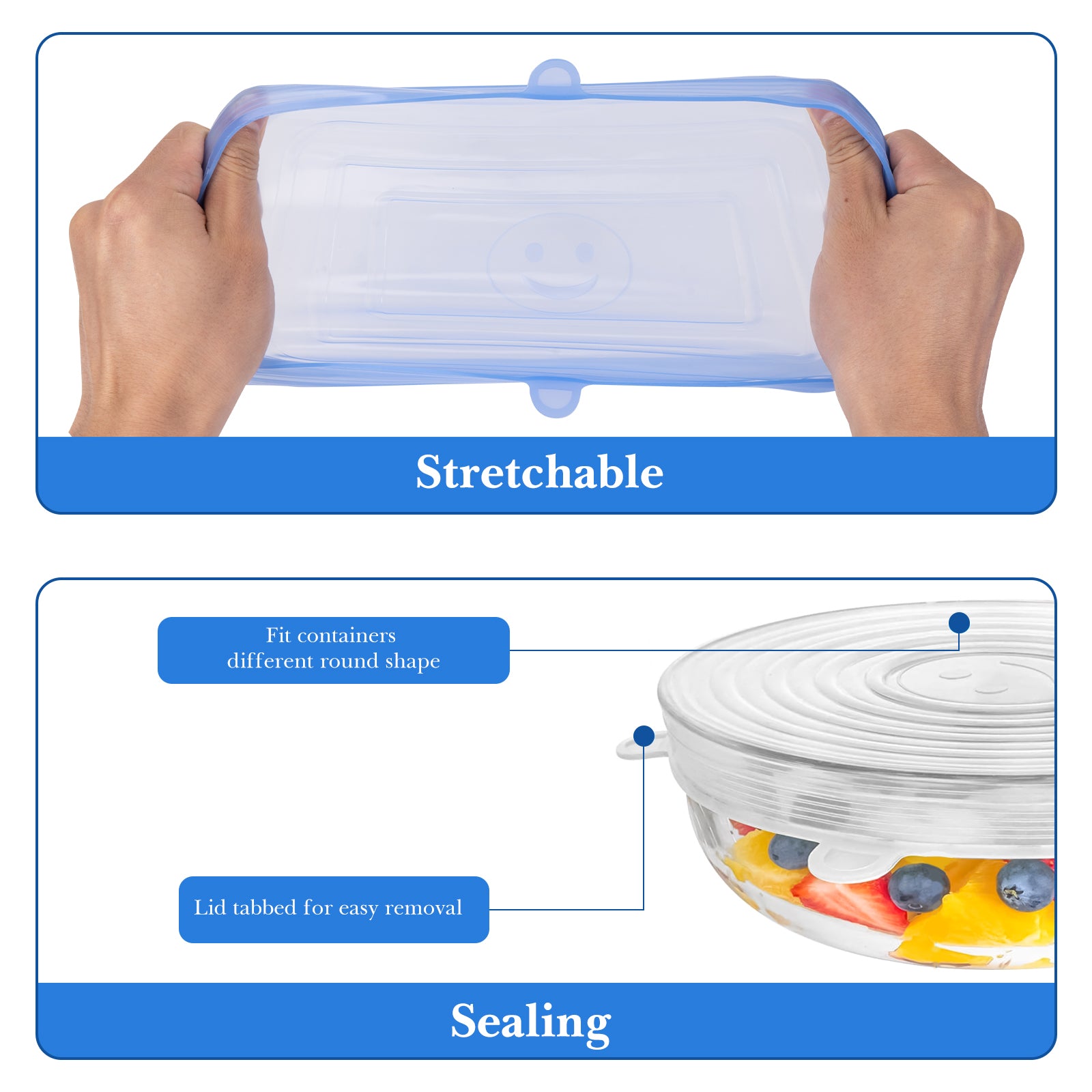 Linkidea 12 Pcs Silicone Stretch Lids, Flexible Round & Rectangle Fit 2.6\" - 8.1\", Stretchy Silicone Lids for Food Storage, Different Sizes Reusable Silicone Bowl Covers (Blue & White)