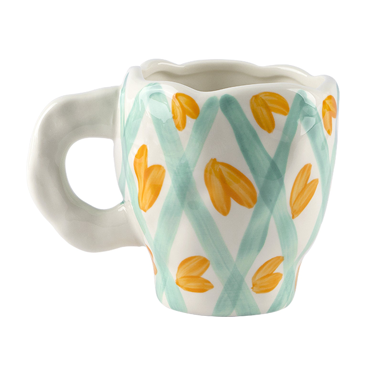 Linkidea Ceramic Coffee Mug, 12oz/350ml Hand-Painted Irregular Coffee Cup, Novelty Teacups with Handles for Beer, Latte, Hot Cocoa, Microwave and Dishwasher Safe (Green Heart Stripes)