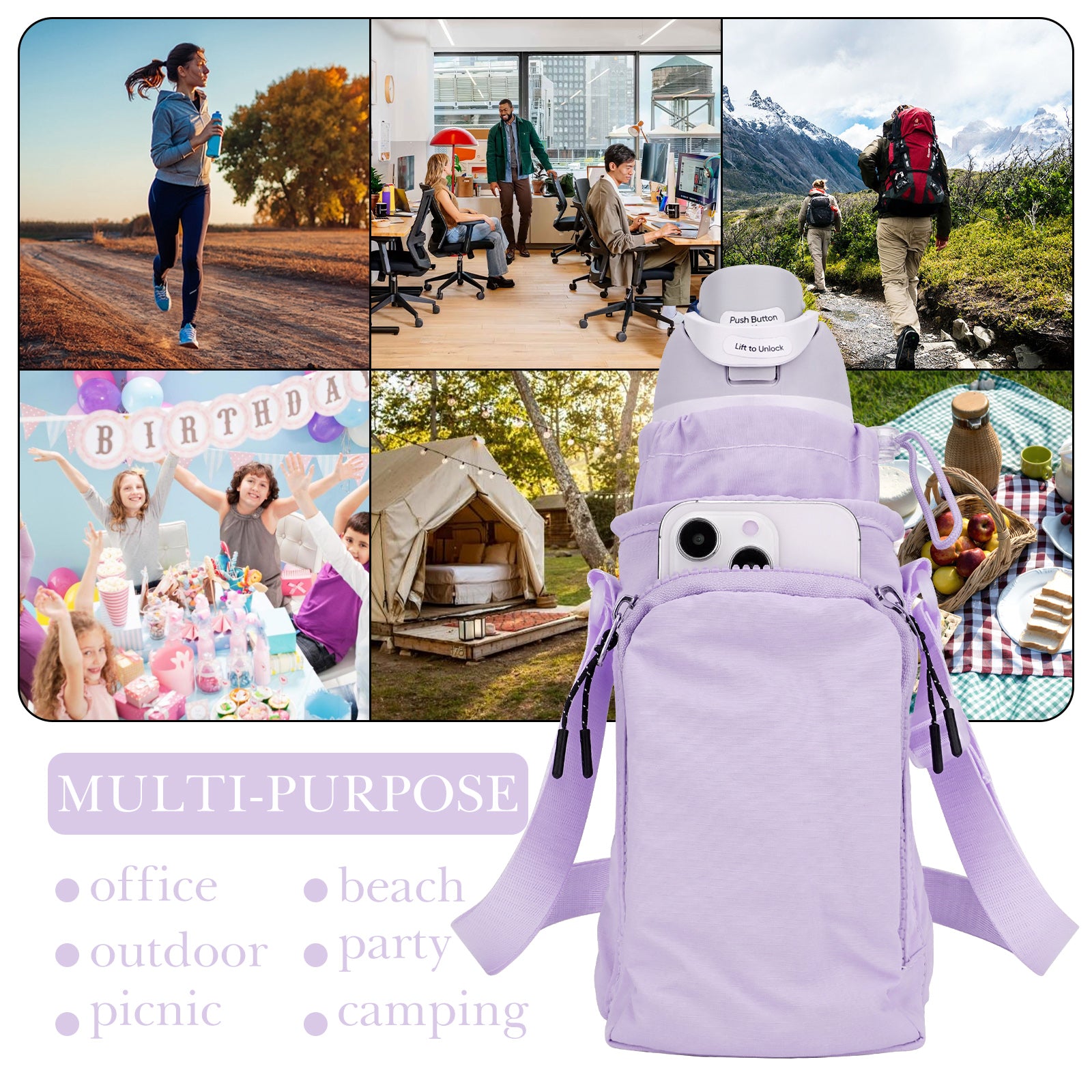 Linkidea Water Bottle Carrier with Strap Compatible with Owala FreeSip 24oz/32oz, IRON FLASK Wide Mouth 32oz, Bottle Shoulder Strap Bag Holder with Phone Pocket (Purple)