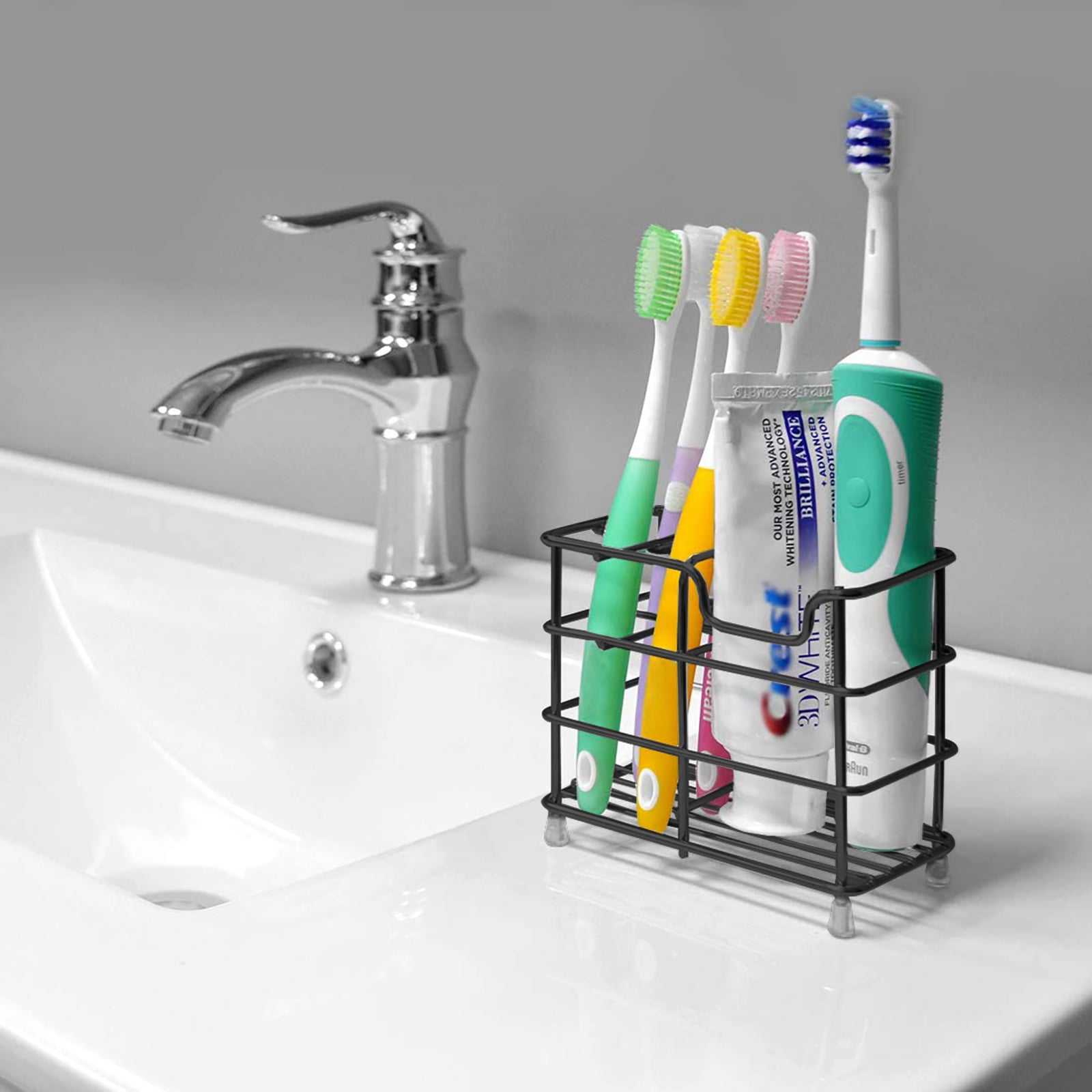 Linkidea Wall Mount Toothbrush Holder for Bathroom, Stainless Steel Tooth Brush Stand for Electric Toothbrush, Toothpaste, Razor, Self Adhesive Wallmount/Countertop 5 Slots Organizer (Black)