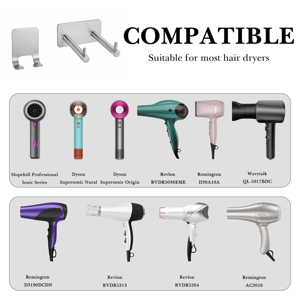 Linkidea Stainless Steel Hair Dryer Holder Wall Mount, No Drill Blow Dryer Organizer with Separate Cord Hook, Space Saving Bathroom Hair Tool Storage Rack for Vanity and Salon (Silver)