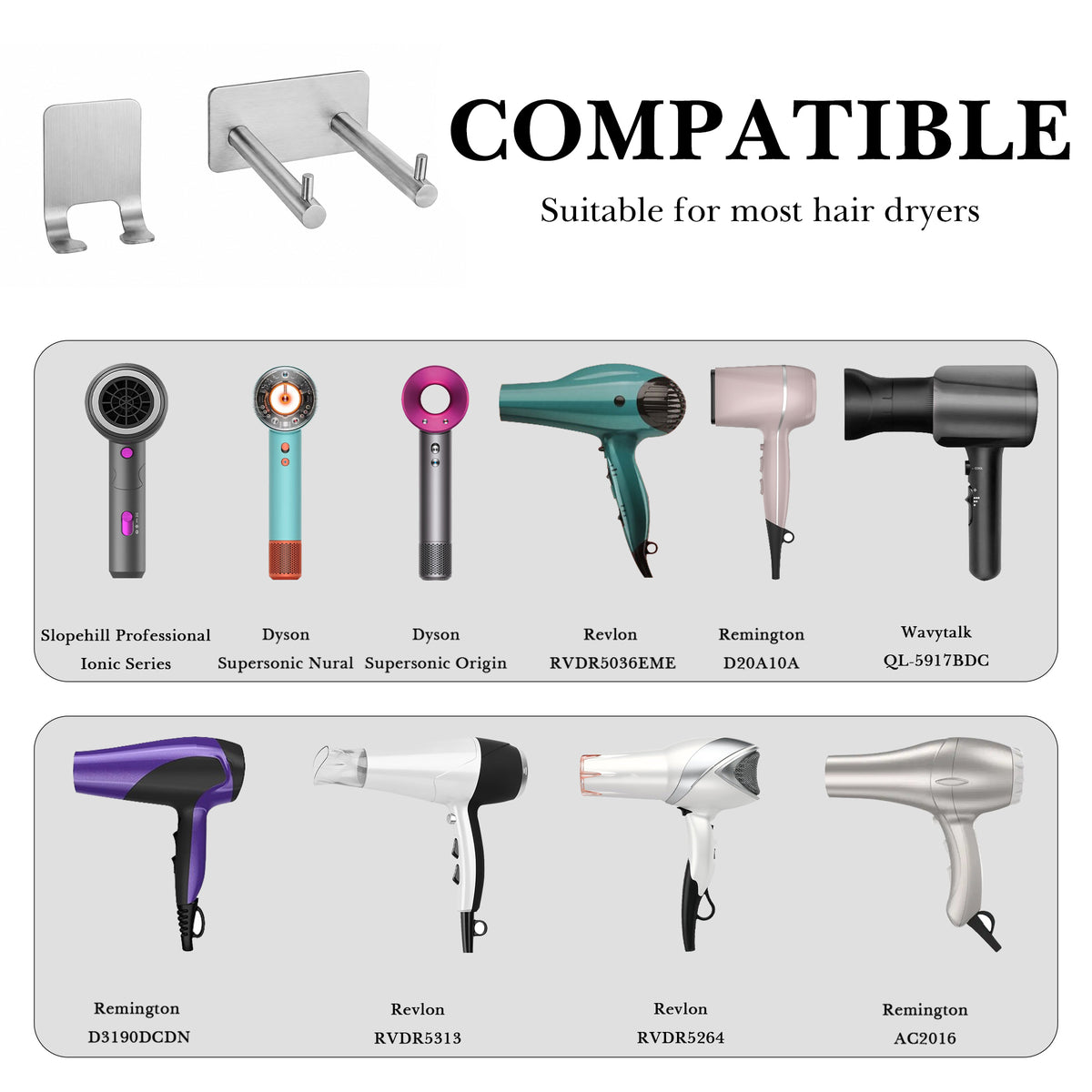 Linkidea Stainless Steel Hair Dryer Holder Wall Mount, No Drill Blow Dryer Organizer with Separate Cord Hook, Space Saving Bathroom Hair Tool Storage Rack for Vanity and Salon (Silver)
