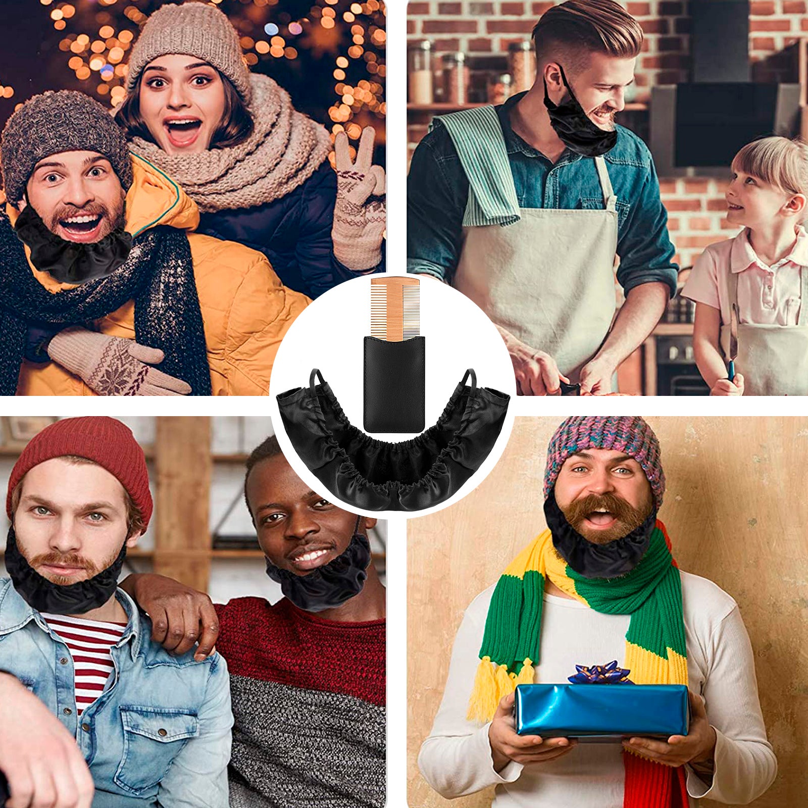 Linkidea 4 Pack Beard Bandana and Facial Beard Comb, XL Size Men Beard Guard Cover, Bedtime Beard Bib Apron Bonnet (Black)