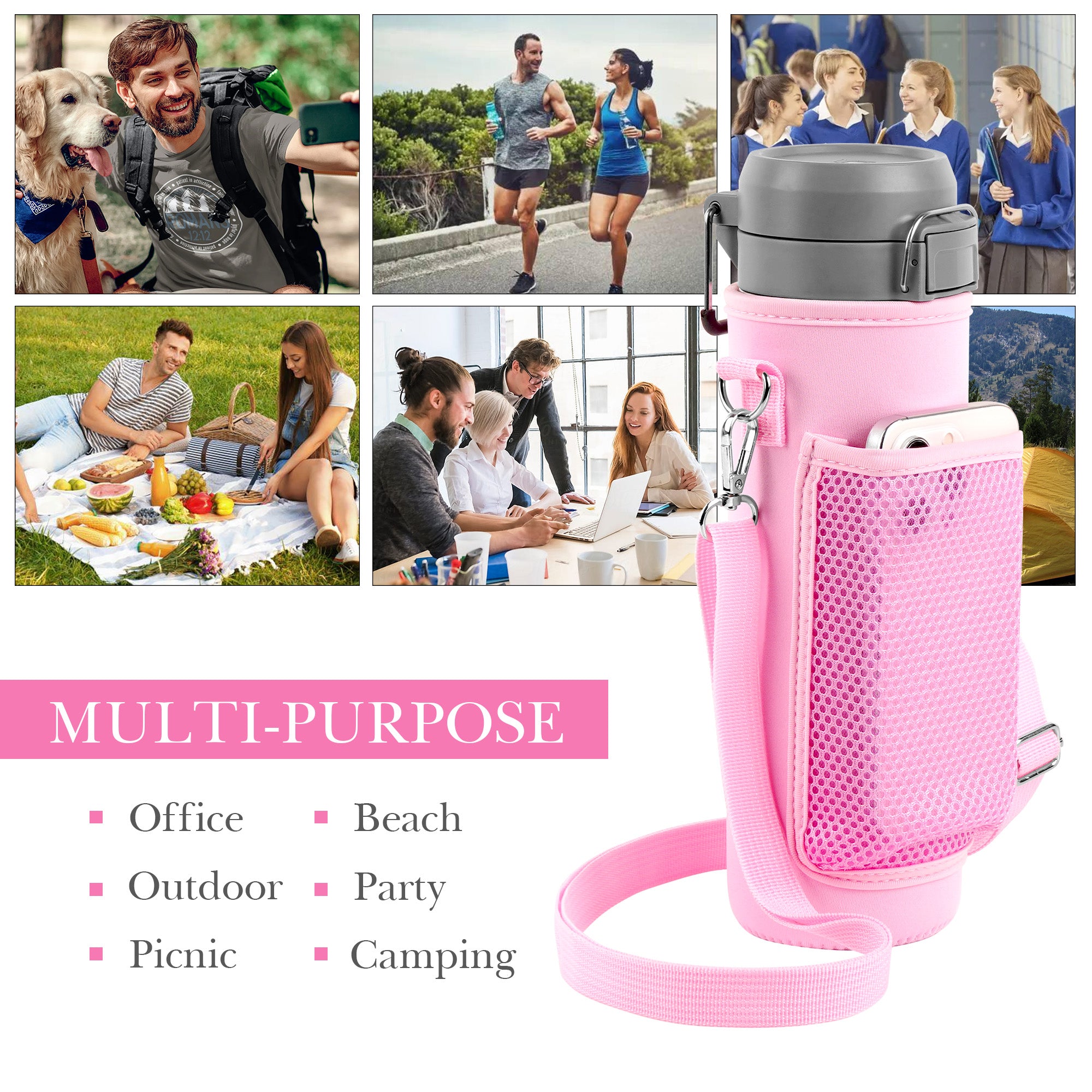 Linkidea Water Bottle Carrier with Strap Compatible with Stanley Quick Flip GO 24/36oz, IceFlow Fast Flow 24/36oz, Waterbottle Sling Bag Holder, Shoulder Strap with Phone Mesh Pocket, Pink