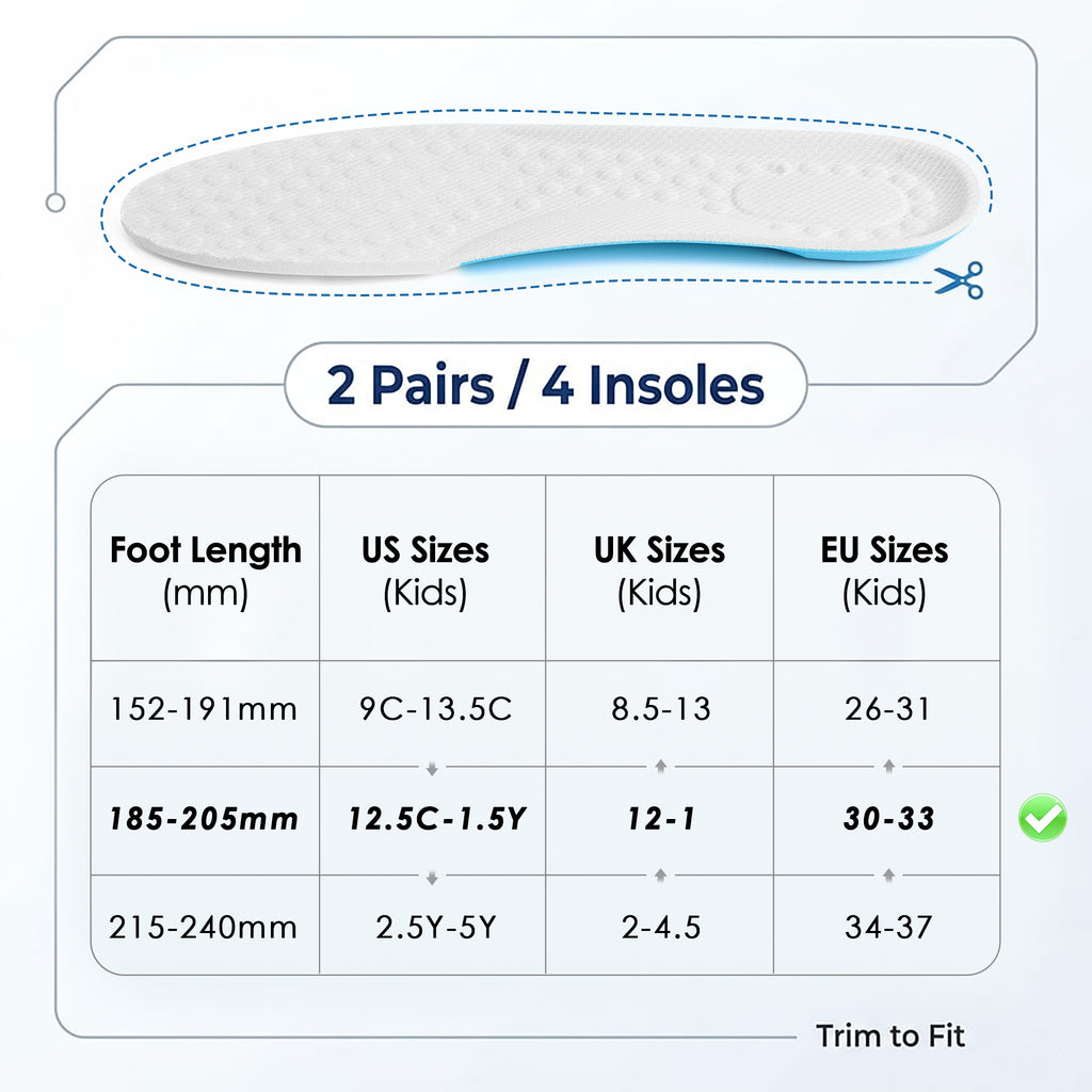 Linkidea 2Pairs Memory Foam Sports Replacement Insoles for Kids, Cushioning & Support for Athletic Feet, Trim to Fit US 12.5C - 1.5Y, UK 12 - 1, EU 30 - 33