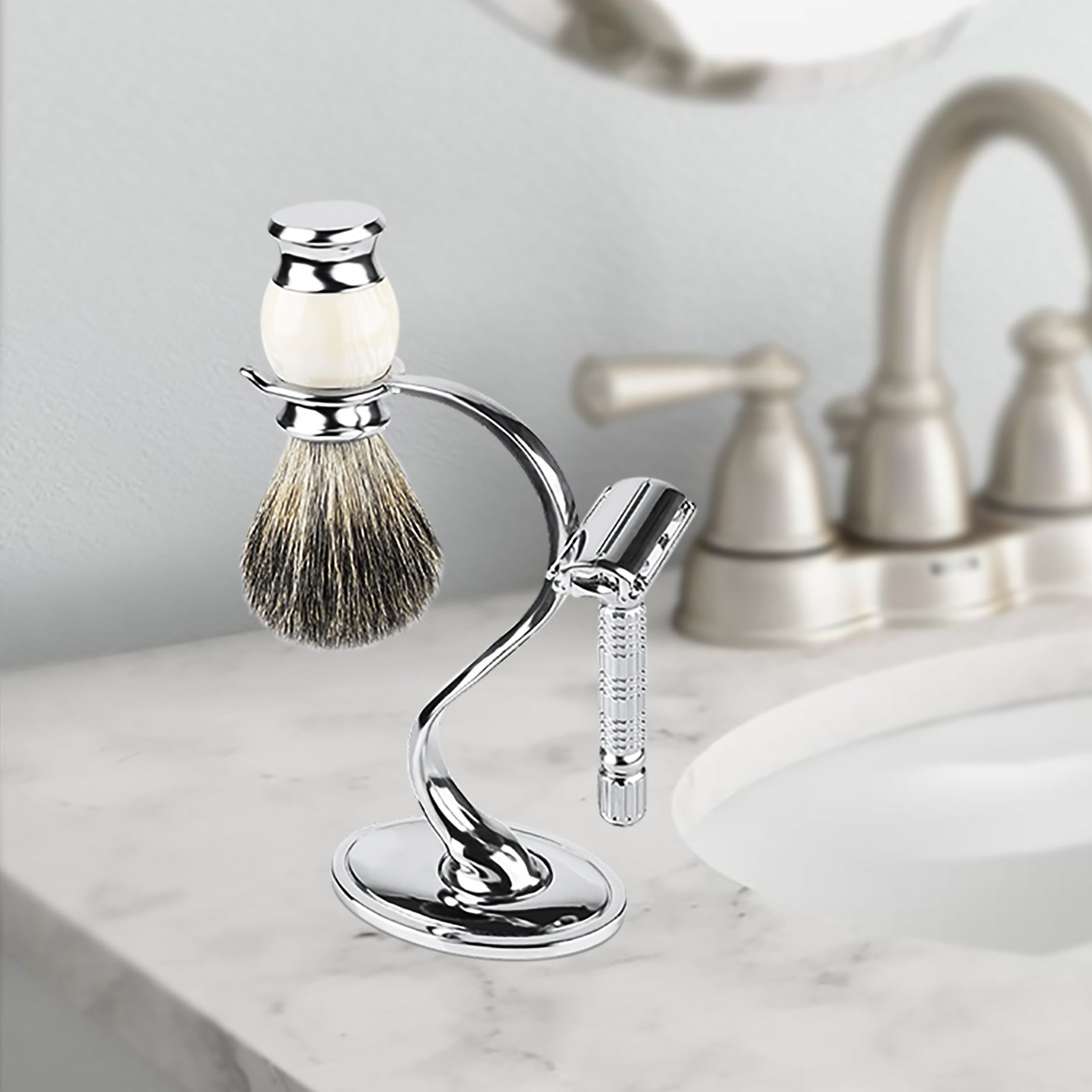 Linkidea Razor Holder Stand, Stainless Steel Shaving Brush Organizer with Non-Slip Base, Safety Shaver Kit for Shower, Bathroom Compatible with Vikings Blade the Chieftain (Chrome)