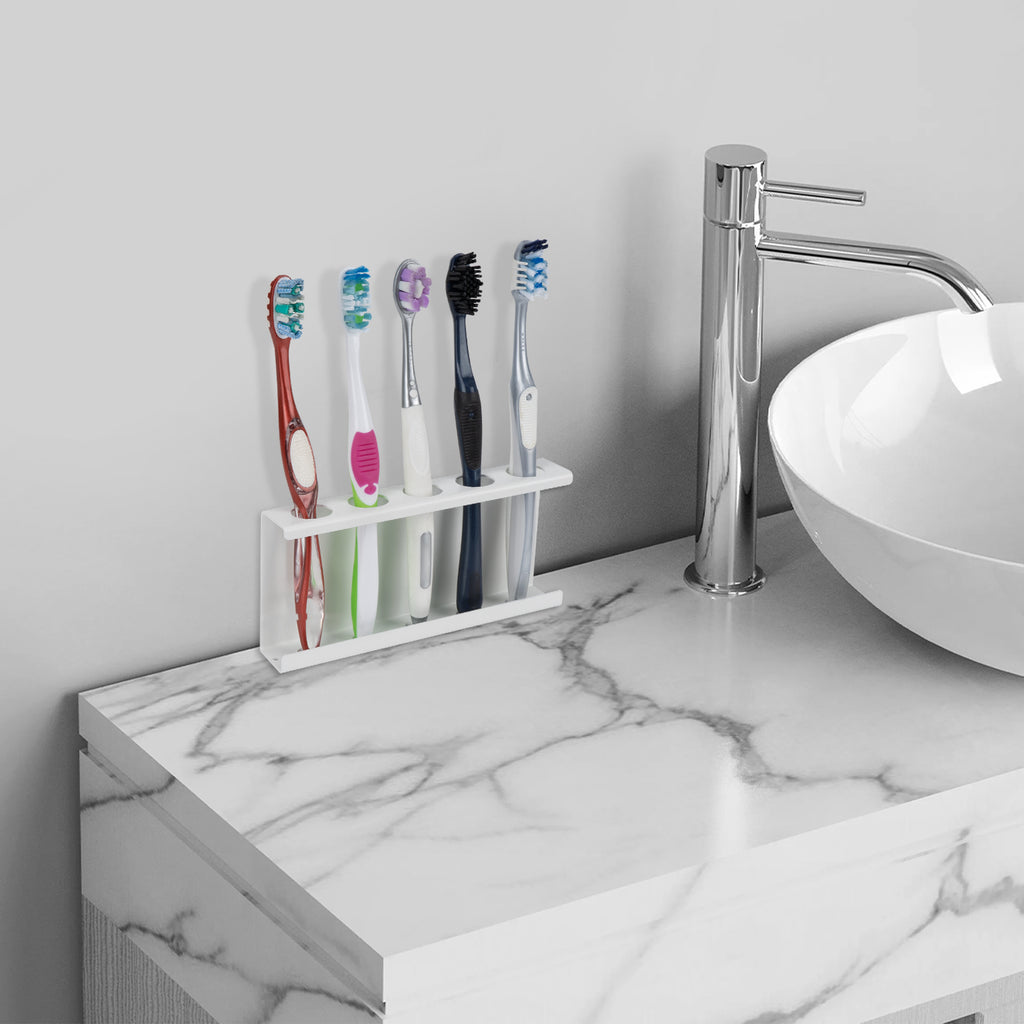 Linkidea Wall Mount Toothbrush Holder for Bathroom, Space Saving Organizer for RV, Stainless Steel 5 Slots Tooth Brush Hanger Compatible with Colgate ExtraClean, Oral-B CrossAction (White)