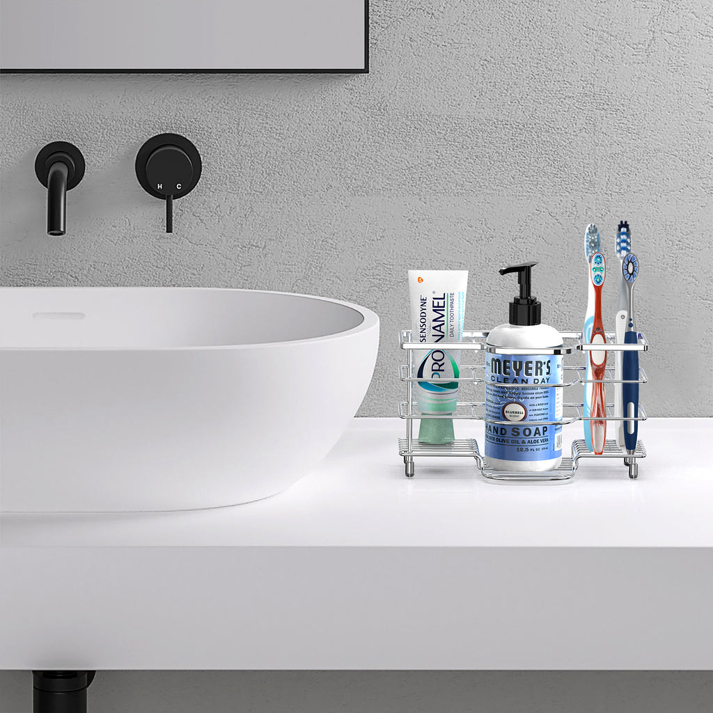 Linkidea Ventilated Toothbrush Holder for Bathroom, Stainless Steel Tooth Brush Stand for Toothbrush, Toothpaste, Razor, Hand Soap, Vanity Countertop 6 Slots Organizer (Chrome)