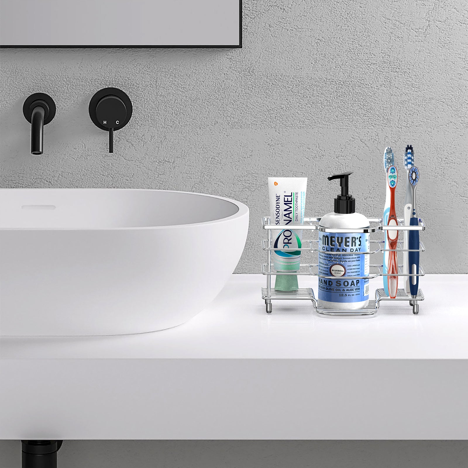 Linkidea Ventilated Toothbrush Holder for Bathroom, Stainless Steel Tooth Brush Stand for Toothbrush, Toothpaste, Razor, Hand Soap, Vanity Countertop 6 Slots Organizer (Chrome)