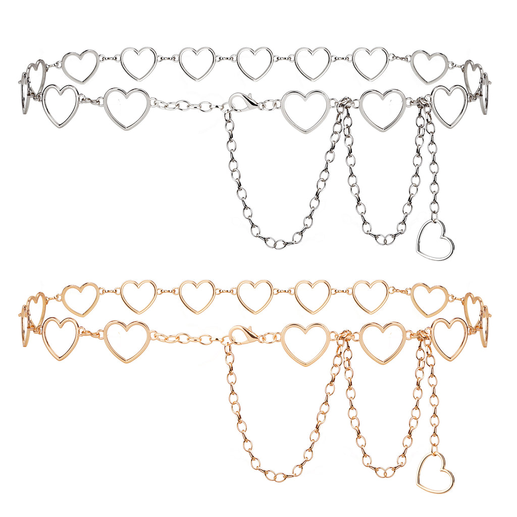 Plus Size Chain Belt for Women, 2 Pack Love Style Metal Chain Belt Women Belly Waist Chains, Extra Long Body Chain, Max 51.2 Inch Adjustable Chunky Belt Chain (Gold, Silver)