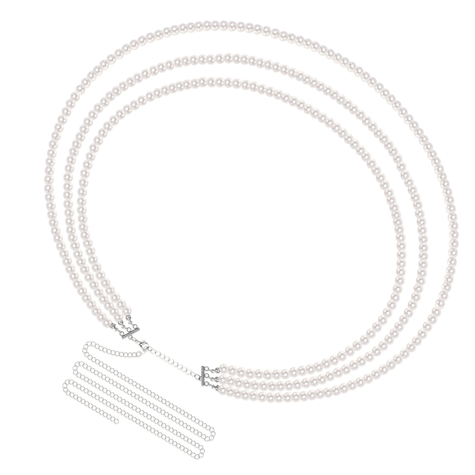 Plus Size Chain Belt for Women, 3 Layers White Pearl Waist Chains, Extra Large Body Chain, 33.4-59 Inch Adjustable Chunky Belt Chain