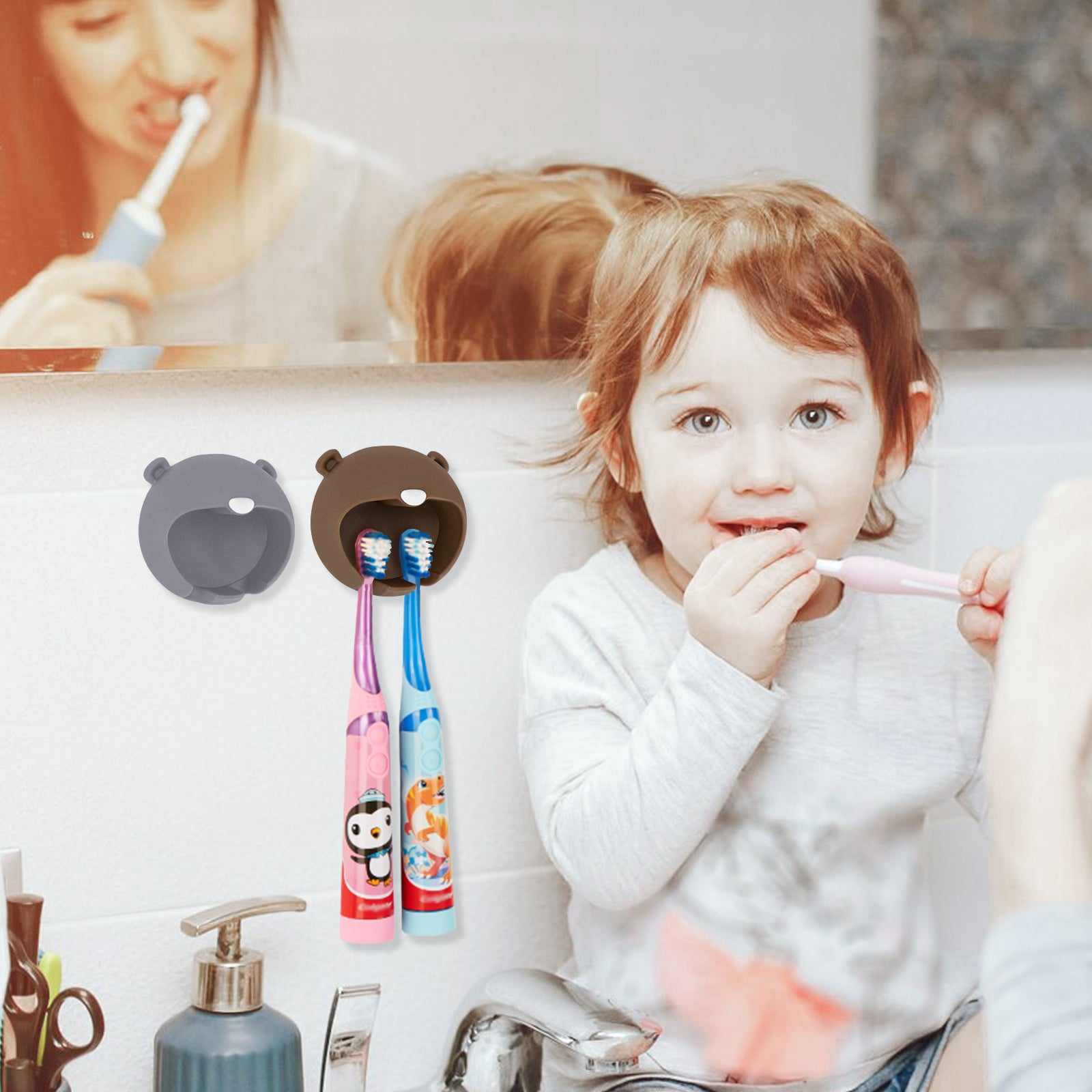 Linkidea 2 Pack Wall Mounted Electric Toothbrush Holder, 2 Slots Self Adhesive Power Toothbrush Hanger for Toddler, Compatible with Spinbrush Electric toothbrush, Oral-B Kids Battery Toothbrush
