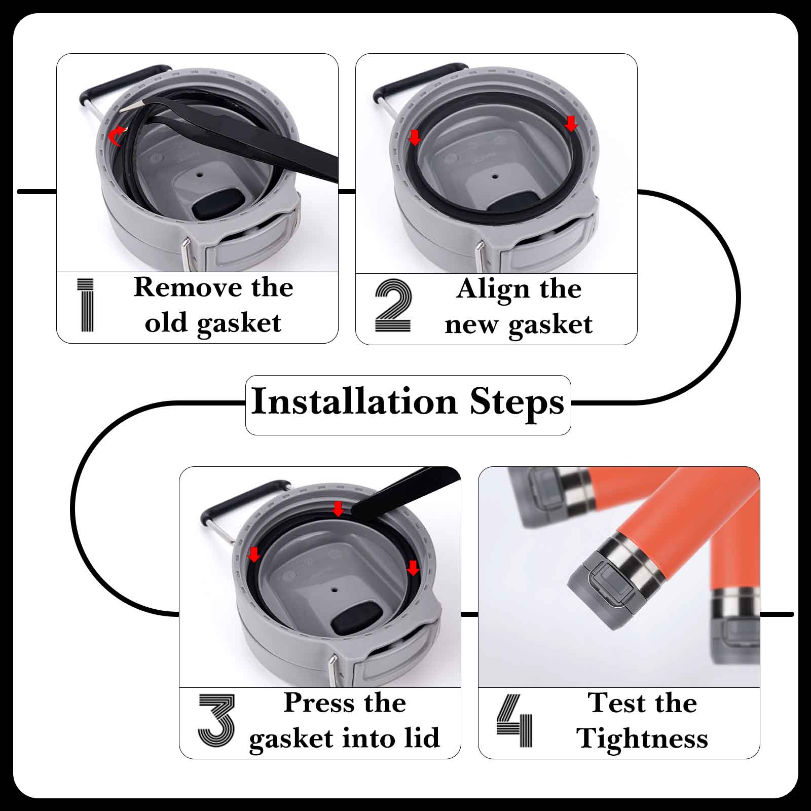Linkidea 6 Pack Water Bottle Gasket Replacement Compatible with Stanley Quick Filp GO 24oz/36oz Waterbottle, Silicone O Ring Leak Proof Rubber Seal with Tweezer for Bottle Lid, Black