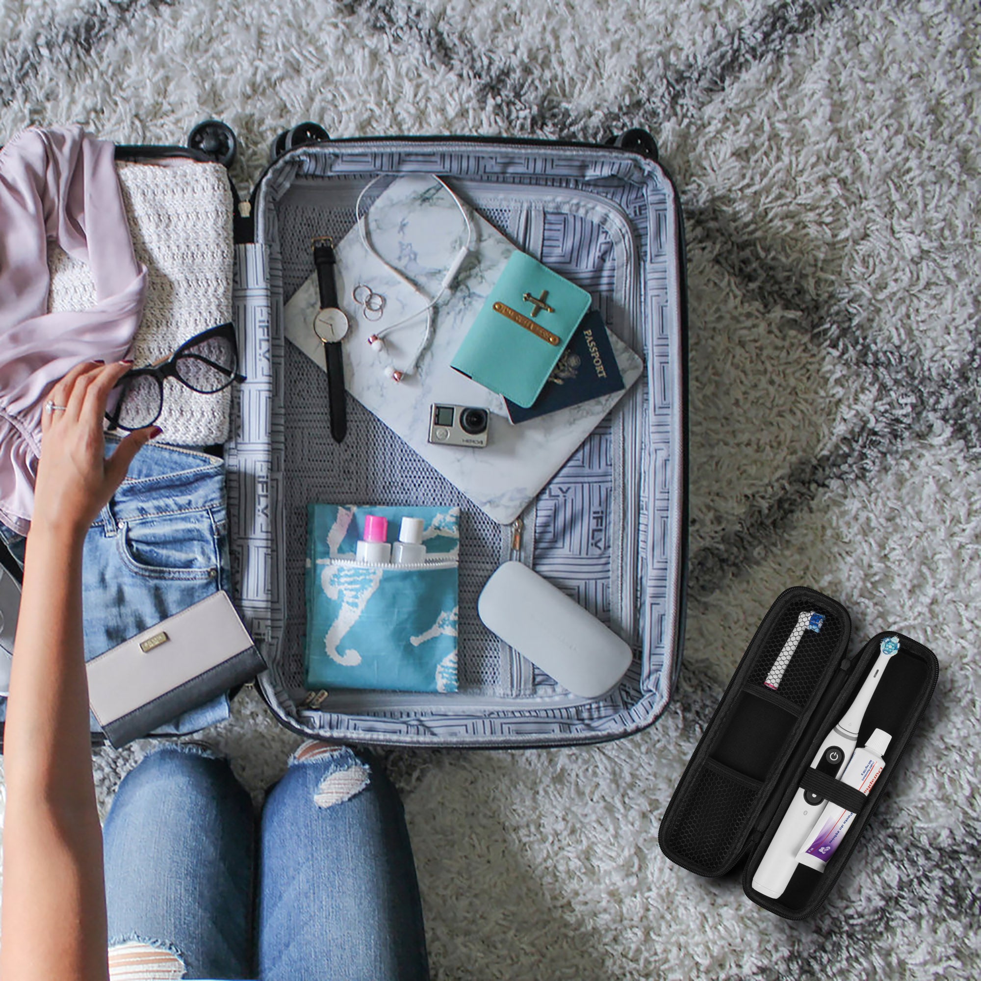 Linkidea Electric Toothbrush Travel Case with Pocket for Replacement Head, Compatible with Oral-B iO Series, Smart 1500, Philip Sonicare, Hard Shell Tooth Brush Protective Storage Bag