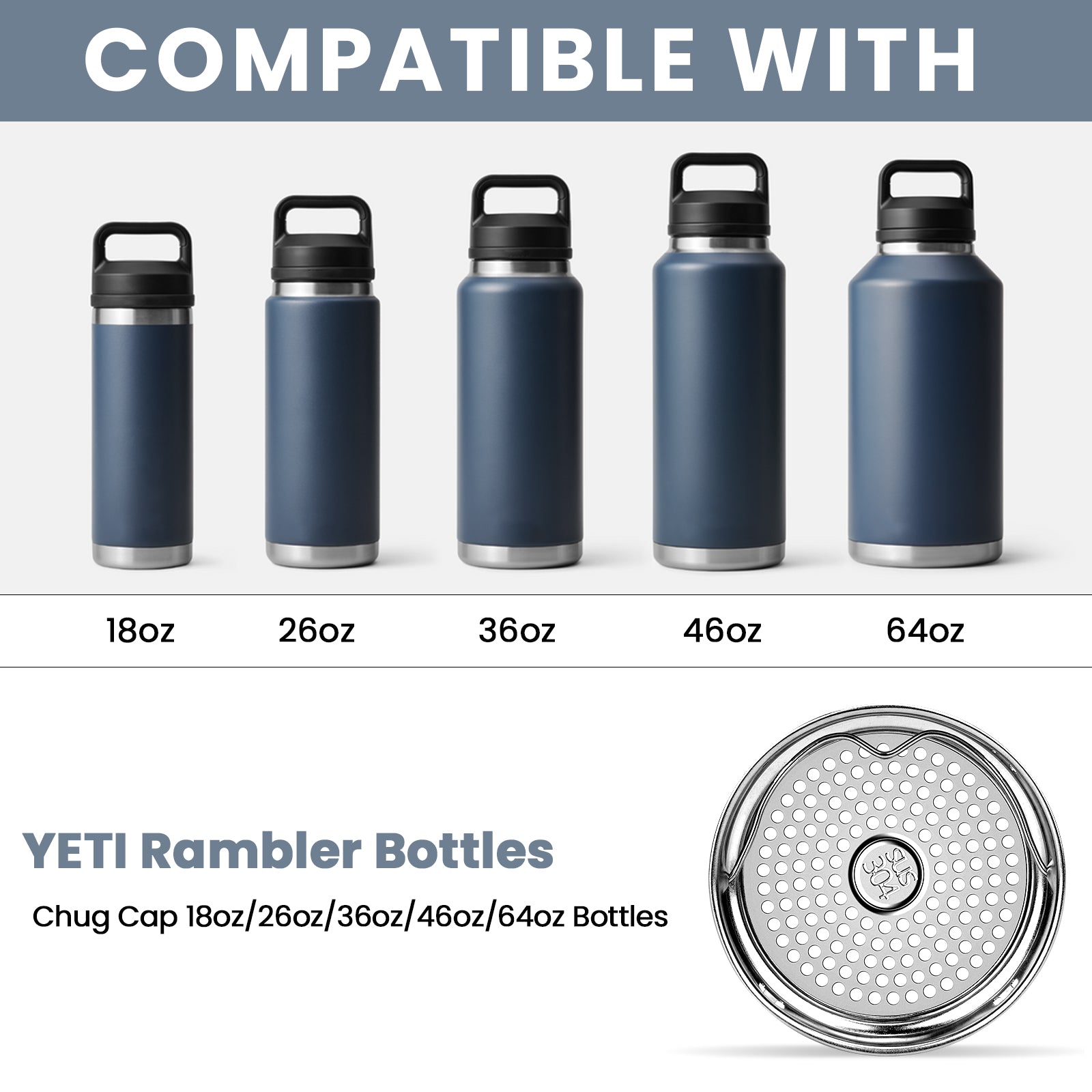 Linkidea 304 Stainless Steel Tea Strainer Compatible with YETI Rambler Bottle 18oz/26oz/36oz/46oz/64oz Chug and MagDock Caps, Ice Strainer Filter Blocker Fruit Stopper, 2 Pack